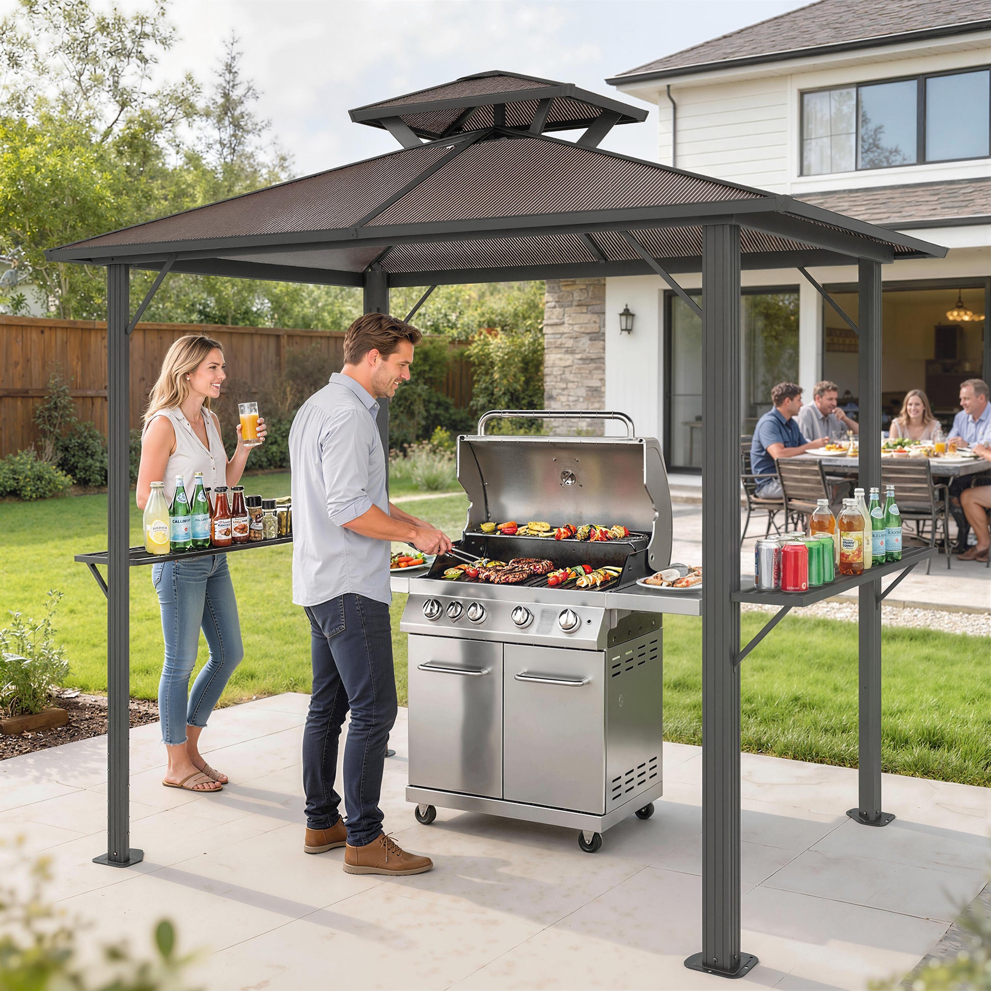 Outsunny 2.5 x 1.5 m Hardtop Grill Gazebo with Double Roof, Aluminium Outdoor BBQ Gazebo Shelter with 2 Side Shelves, Brown