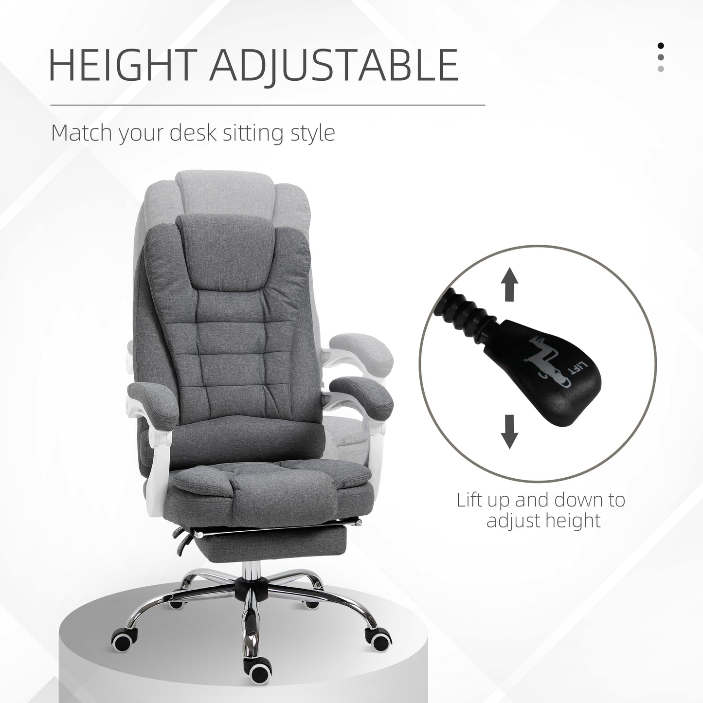 Vinsetto Office Chair, Computer Desk Chair, Linen Fabric Swivel Rolling Task Chair with Large Soft Padded Cushion, 135Â° Reclining Backrest and Retractable Footrest, Grey