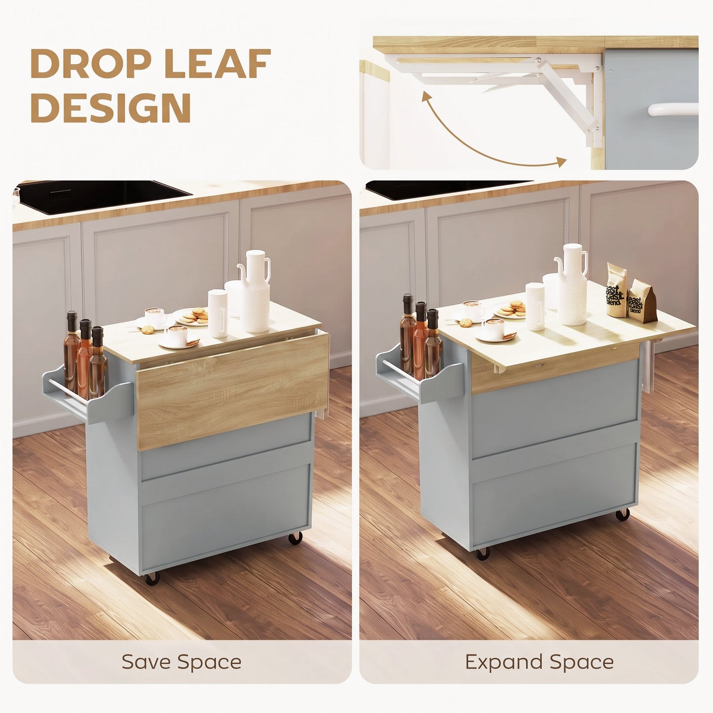 HOMCOM Kitchen Island with Drop Leaf, Rolling Kitchen Storage Trolley on Wheels with Drawer, Spice Rack and Towel Rack, Grey