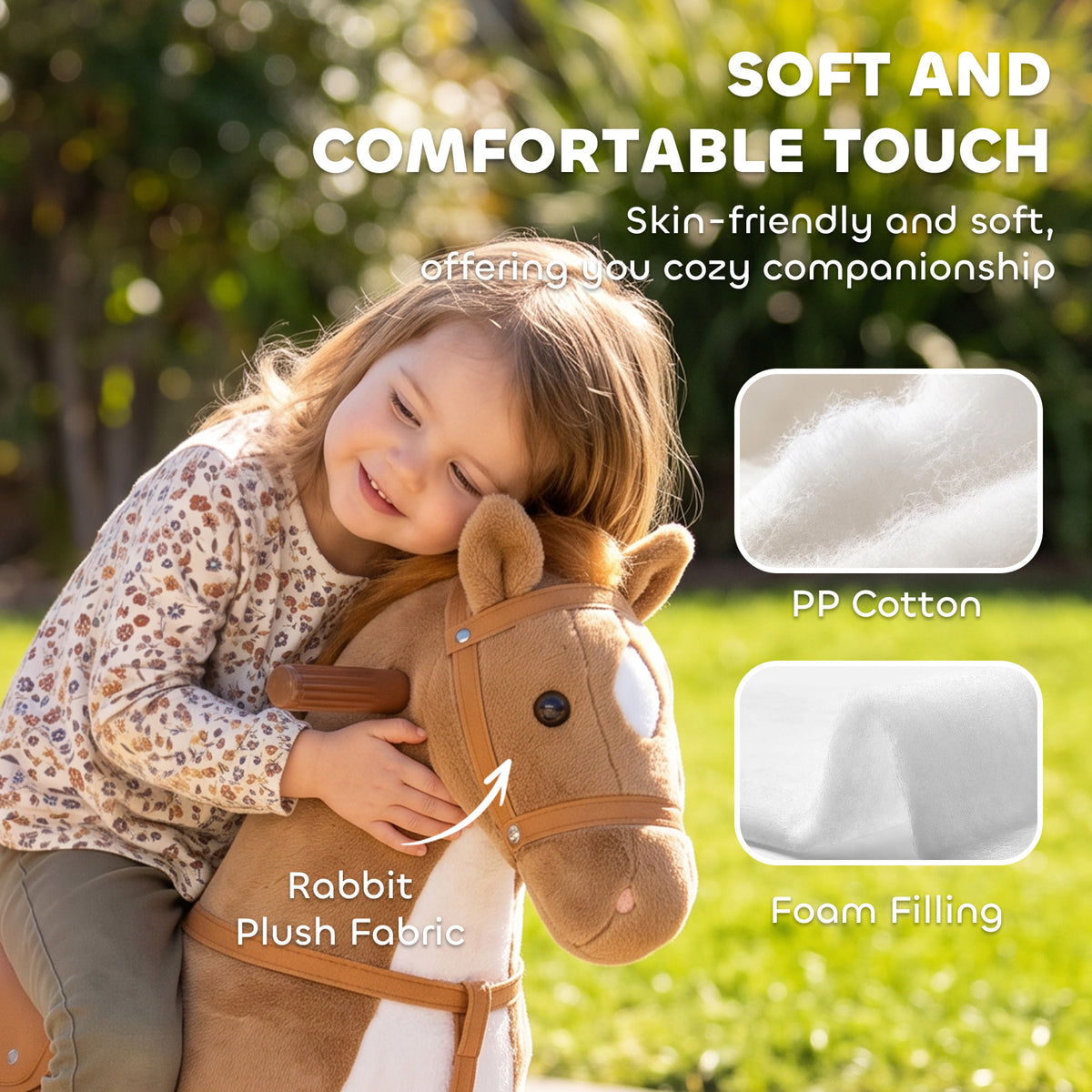 AIYAPLAY Rocking Horse, Plush Ride On Horse with Hoof Sounds, Music, Rolling Wheels and Pedal for 3-7 Years, Up to 50kg, Brown