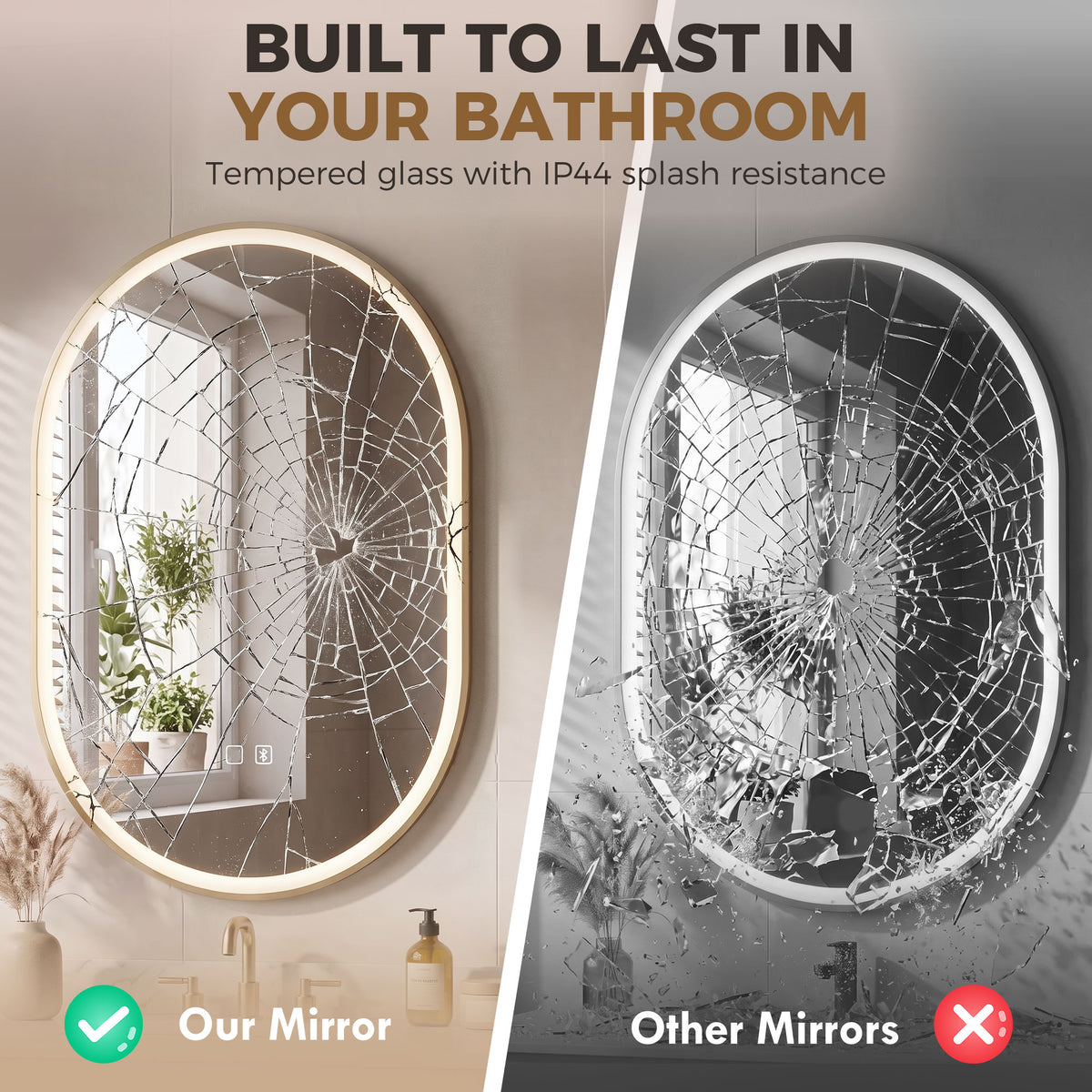 HOMCOM Bathroom Mirror with LED Lights, 100x70cm Oval Bathroom Mirror, Dimmable, Bluetooth, Anti-Fog, Gold Tone