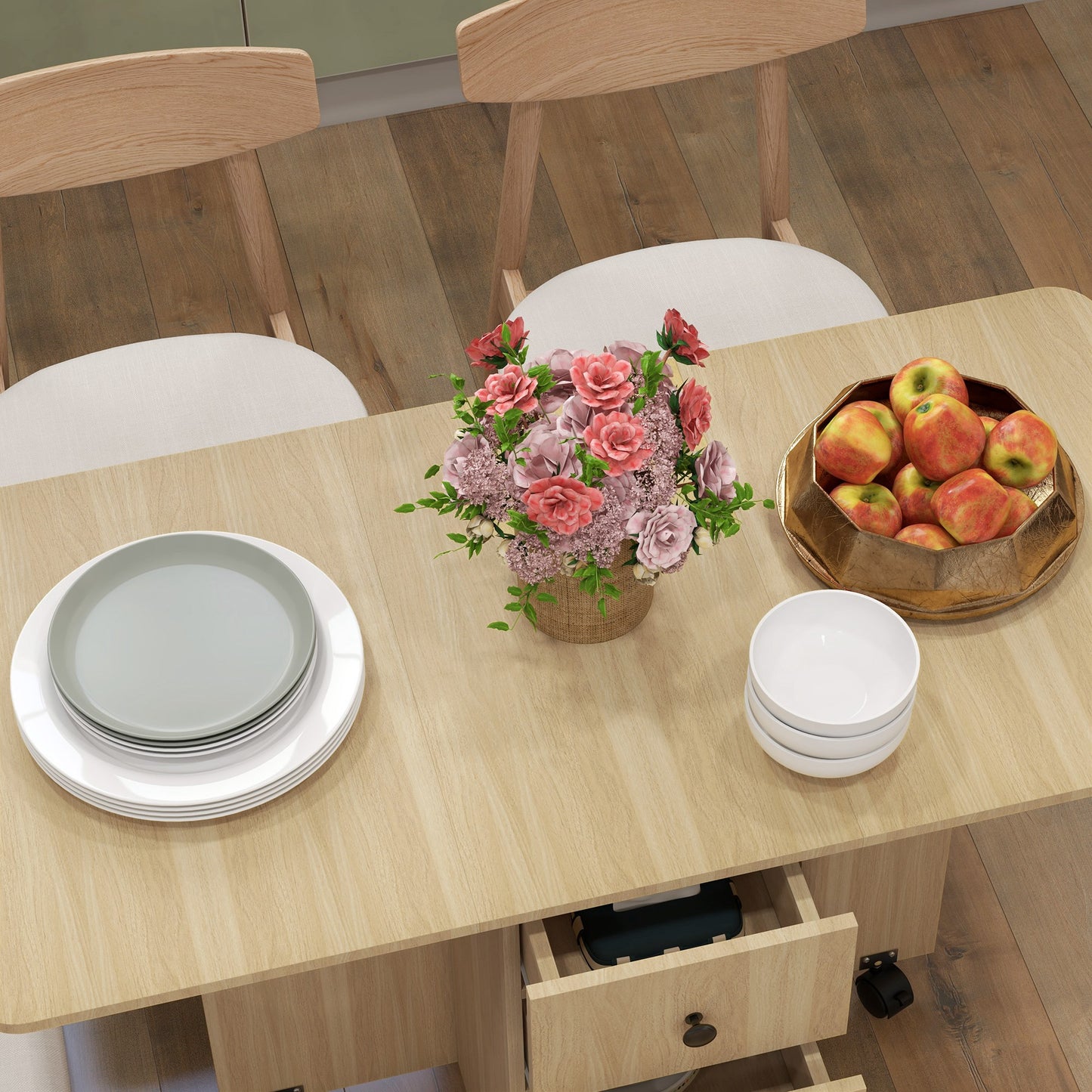 HOMCOM Six-Person Drop Leaf Dining Table, with Storage - Wood-Effect
