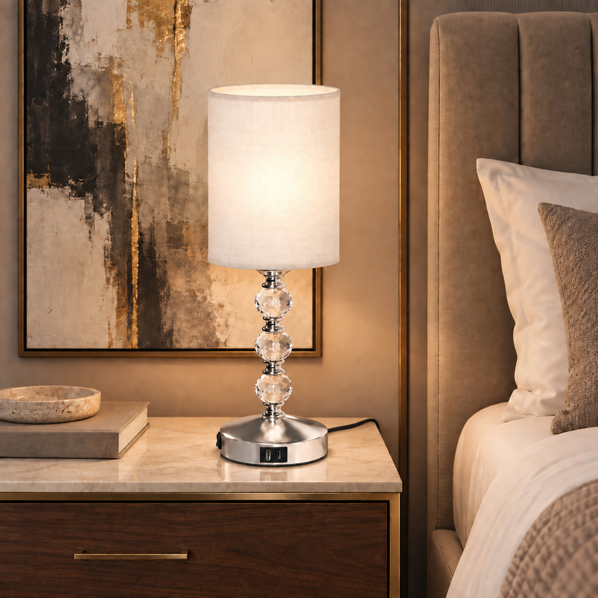 HOMCOM Bedside Lamp, Modern Crystal Decoration Table Lamp w/ PVC shade, USB A+C Charging Ports, Bulb Not Included, Silver Tone