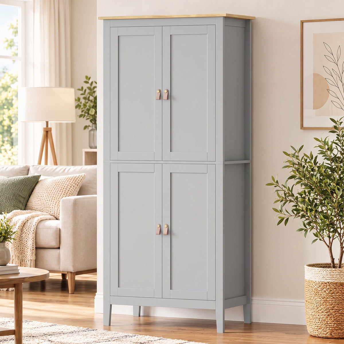 HOMCOM Tall Pantry Cupboard with Motion Sensor LED Light - Grey