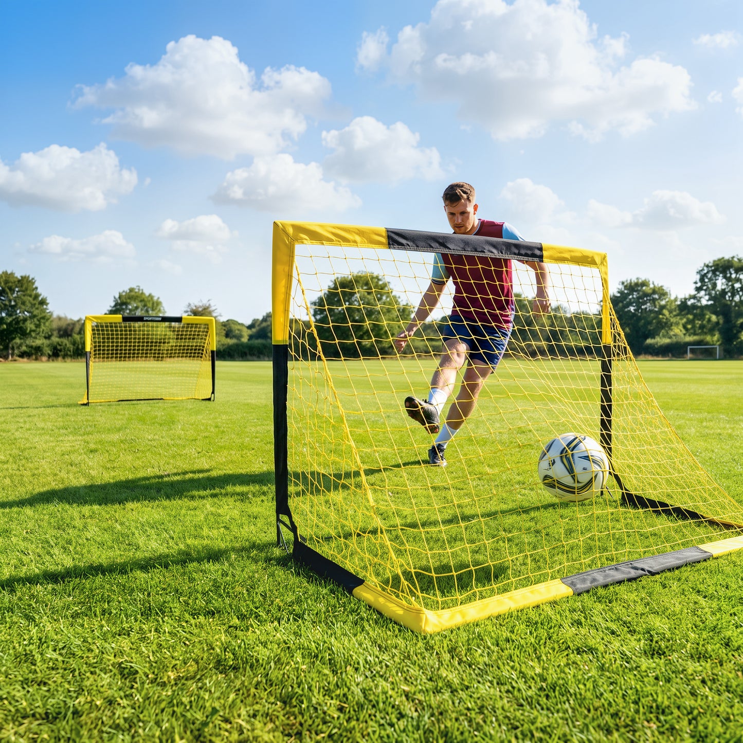 SPORTNOW Set of 2 Pop Up Football Goal, Portable Folding Football Net with Carry Bag, 8 U-Shaped Ground Stakes, Fibreglass Pole