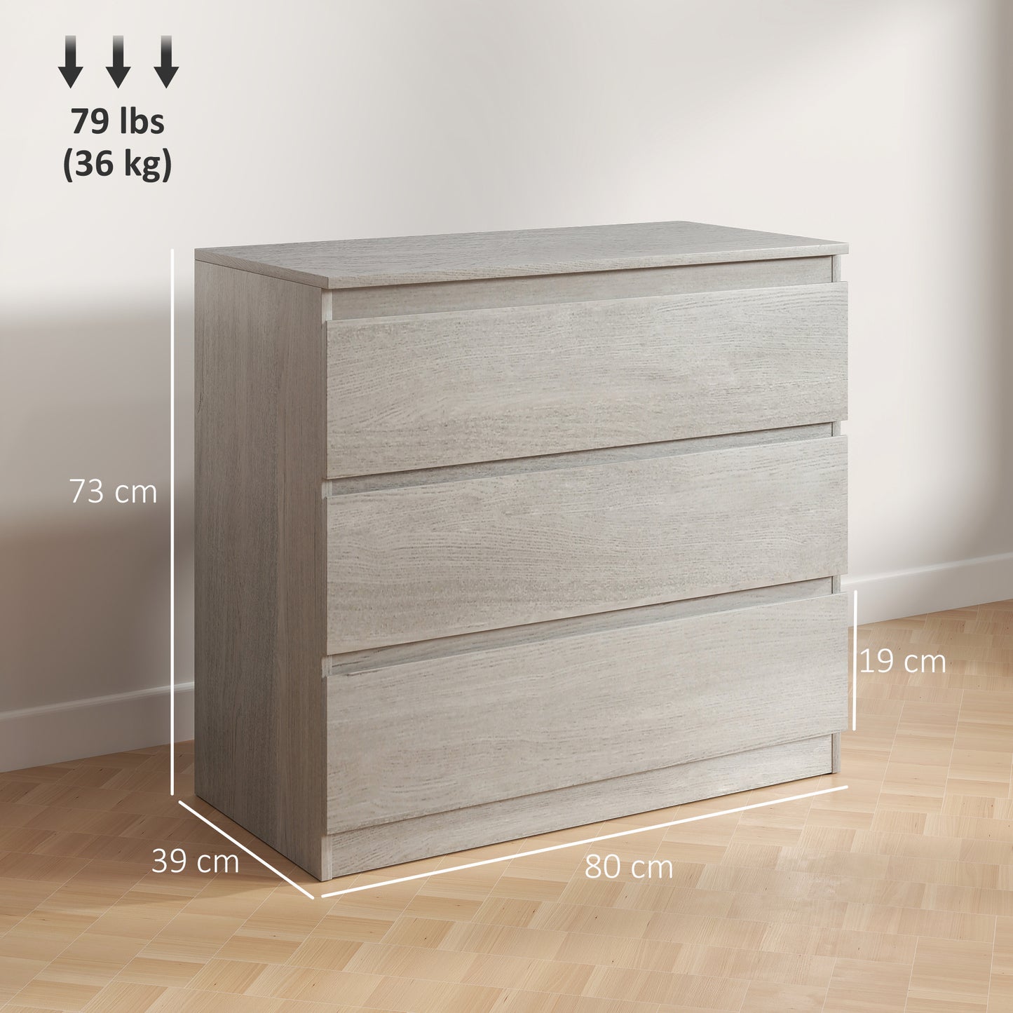 HOMCOM Chest of Three Drawers - Grey Wood Effect