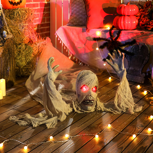 Outsunny 183 cm Life Size Halloween Animated Crawling Mummy with Glowing LED Eyes, 8/16H Timer, Scary Halloween Decorations, Battery Operated, Indoor Outdoor Party Props