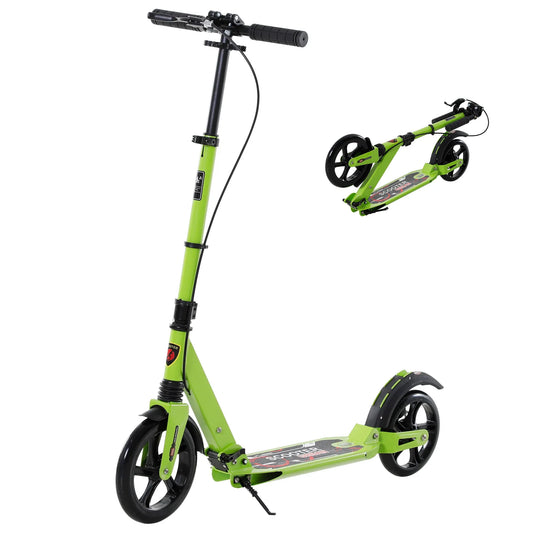 HOMCOM Kick Scooter, Folding 2 Wheel Scooter with Dual Brake System, Dual Suspension, 230mm Big Wheels and 3 Adjustable Handlebar, for 14+ Teens Adults, up to 100KG, Green - LiamsBargains.co.uk