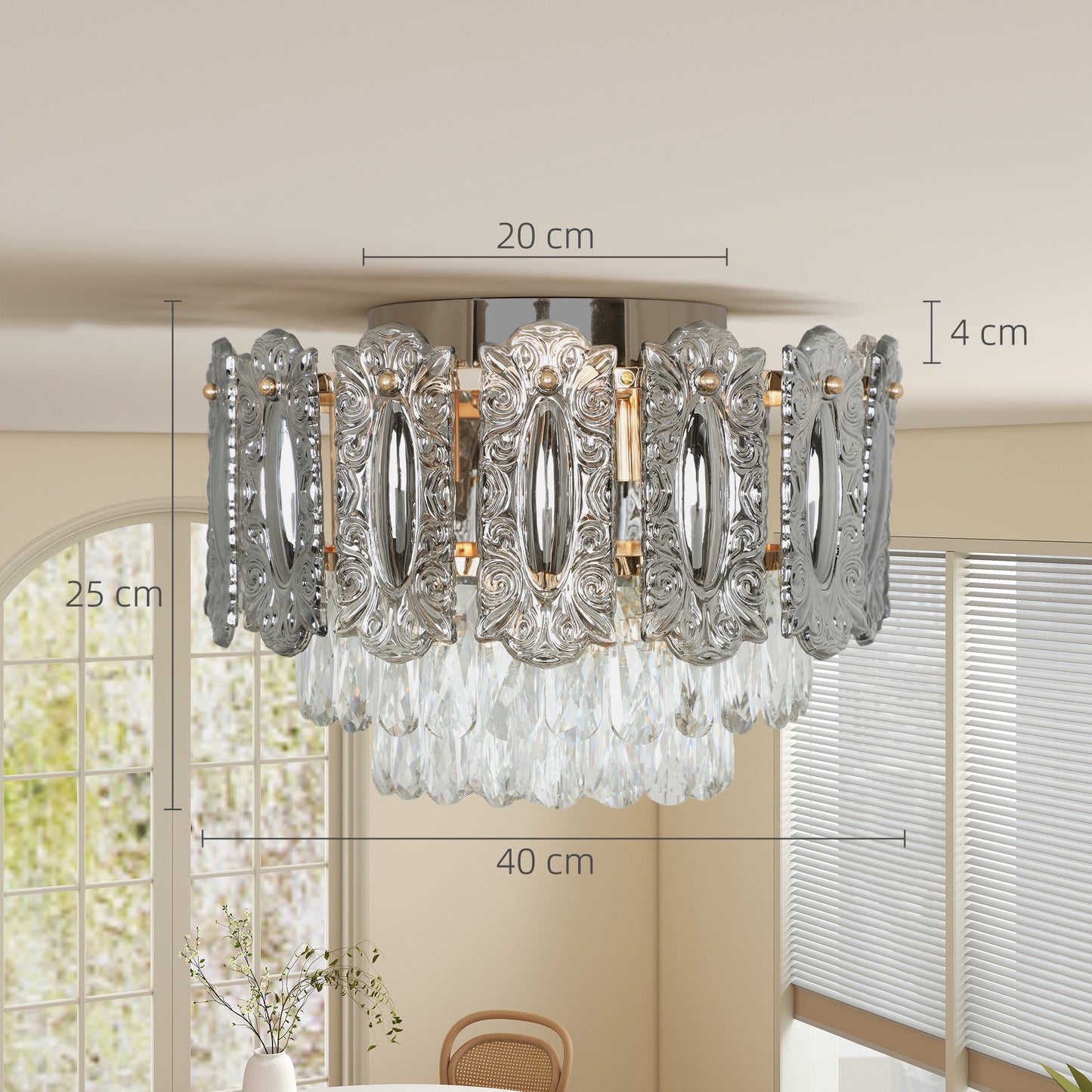 HOMCOM Chandelier Ceiling Light, 3-Light Vintage Flush Mount Fixture with Dual Crystal and Smoke Glass Shade, LED Ceiling Light for Living Room Bedroom, 3 E14 Sockets, Bulbs Not Included, Gold Tone