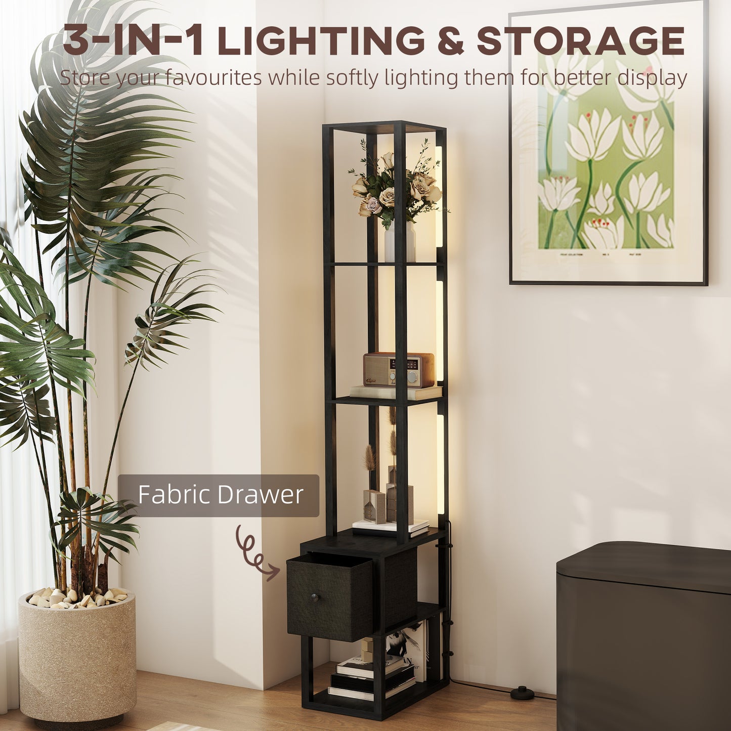 HOMCOM Floor Lamp with Shelves, LED Column Modern Standing Lamp with Fabric Drawer, Adjustable Brightness, Foot Switch for Living Room, Bedroom, Office, Black