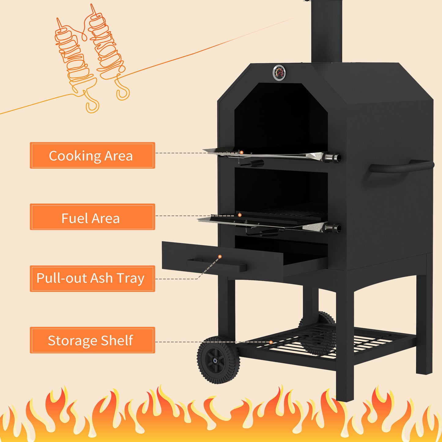 Outsunny Steel 3-Tier Outdoor Pizza Oven Charcoal BBQ Grill, Black