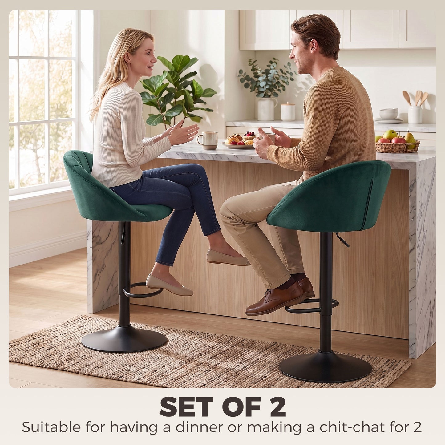 HOMCOM Bar Stools Set of 2 Adjustable Swivel Velvet Breakfast Bar Stools with Backrest, Dark Green