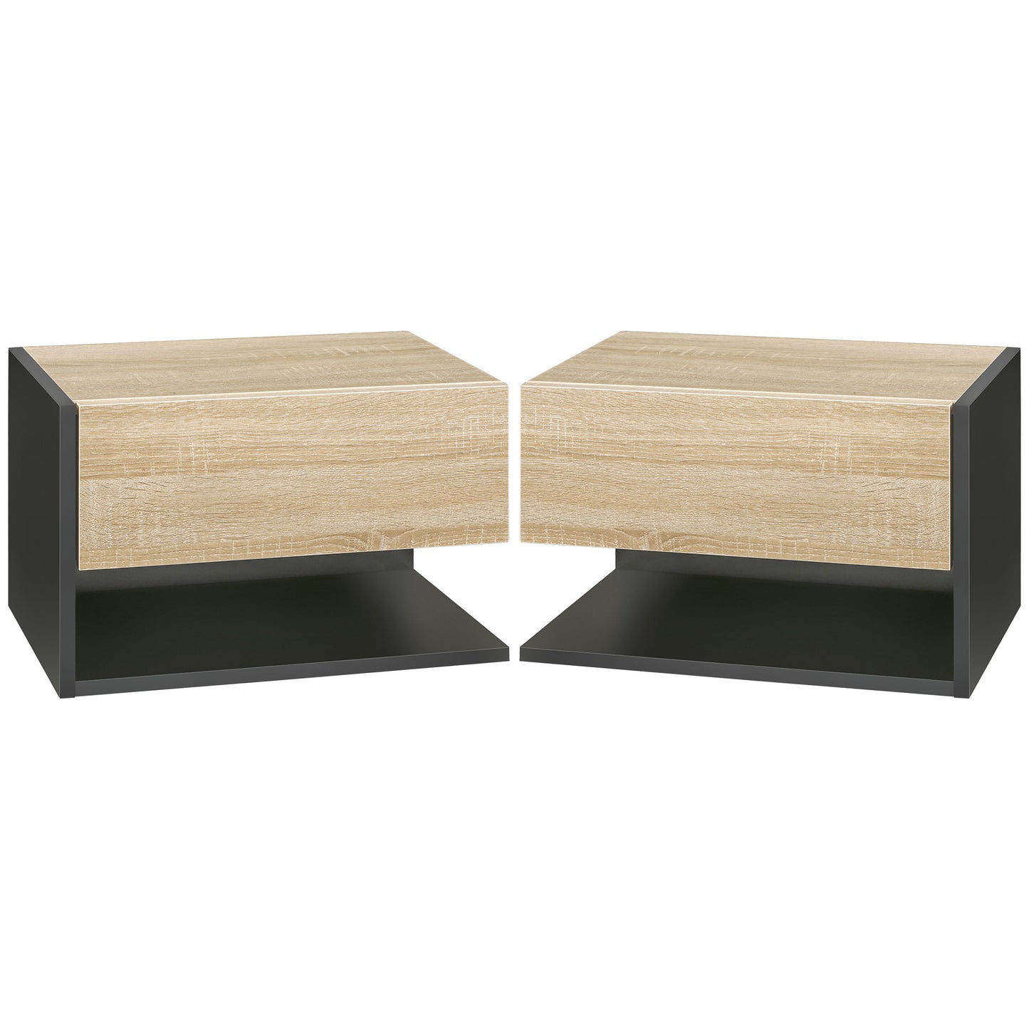 HOMCOM Floating Bedside Table Set of 2, Wall Mounted Bedside Cabinet with Drawer and Open Shelf, Modern Nightstand for Bedroom, 46 x 30 x 30 cm, Oak Tone