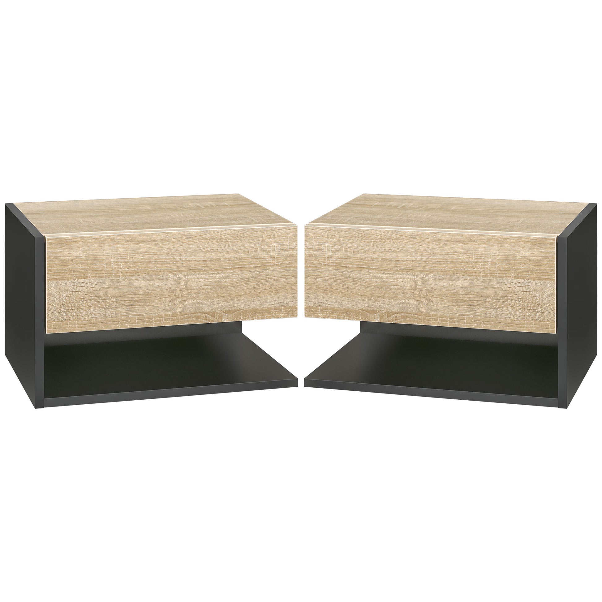 HOMCOM Floating Bedside Table Set of 2, Wall Mounted Bedside Cabinet with Drawer and Open Shelf, Modern Nightstand for Bedroom, 46 x 30 x 30 cm, Oak Tone