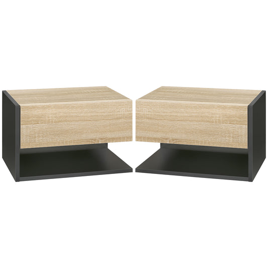HOMCOM Floating Bedside Table Set of 2, Wall Mounted Bedside Cabinet with Drawer and Open Shelf, Modern Nightstand for Bedroom, 46 x 30 x 30 cm, Oak Tone