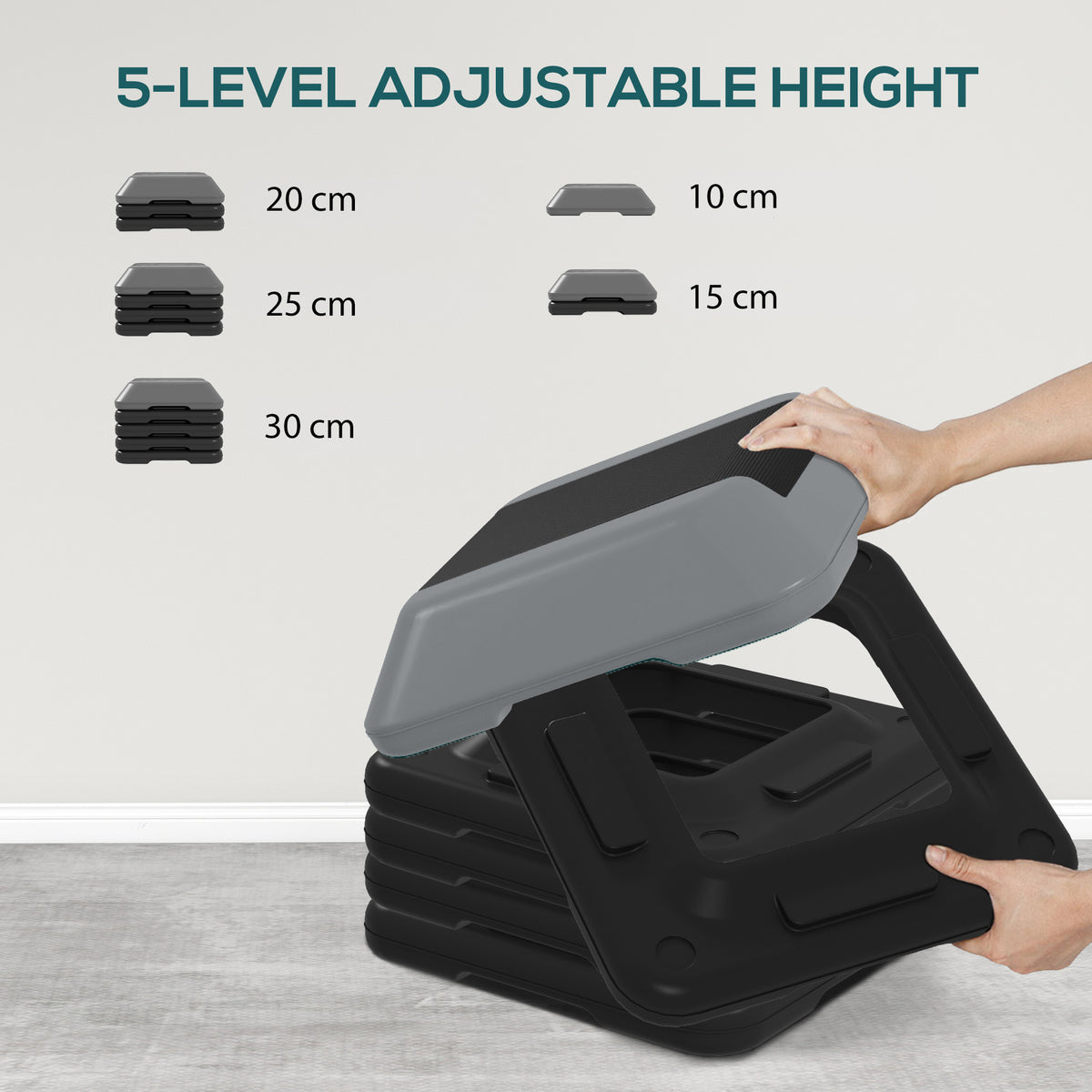 SPORTNOW Fitness Stepper for Exercise Workout, 10/15/20/25/30 cm 5-Level Height Adjustable Aerobic Stepper, Non-Slip Step, Grey