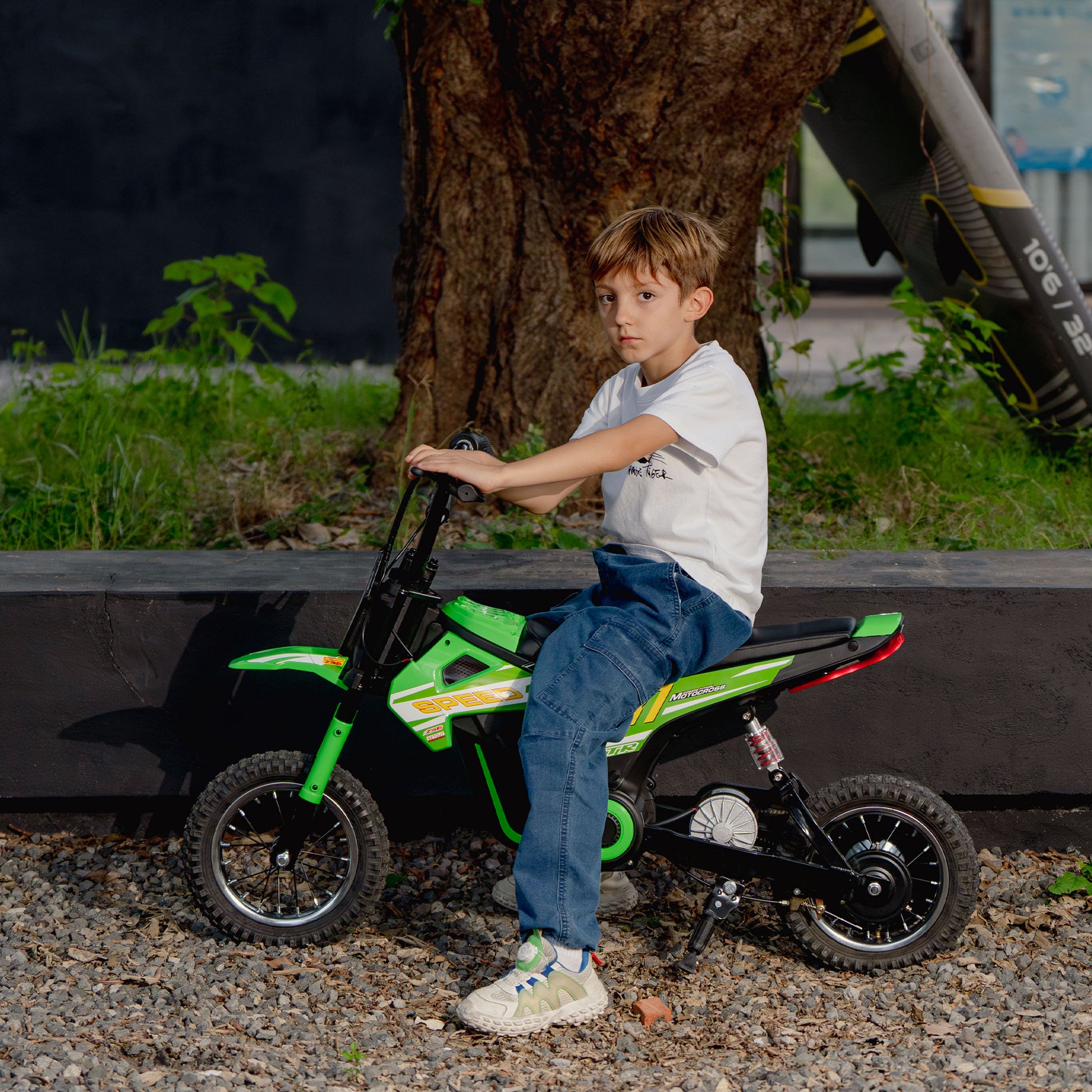 AIYAPLAY Kids Electric Motorbike, 24V Ride On Motorcycle with 3 Speeds and Rear Suspension, Dirt Bike for 8-12 Years Old, Green