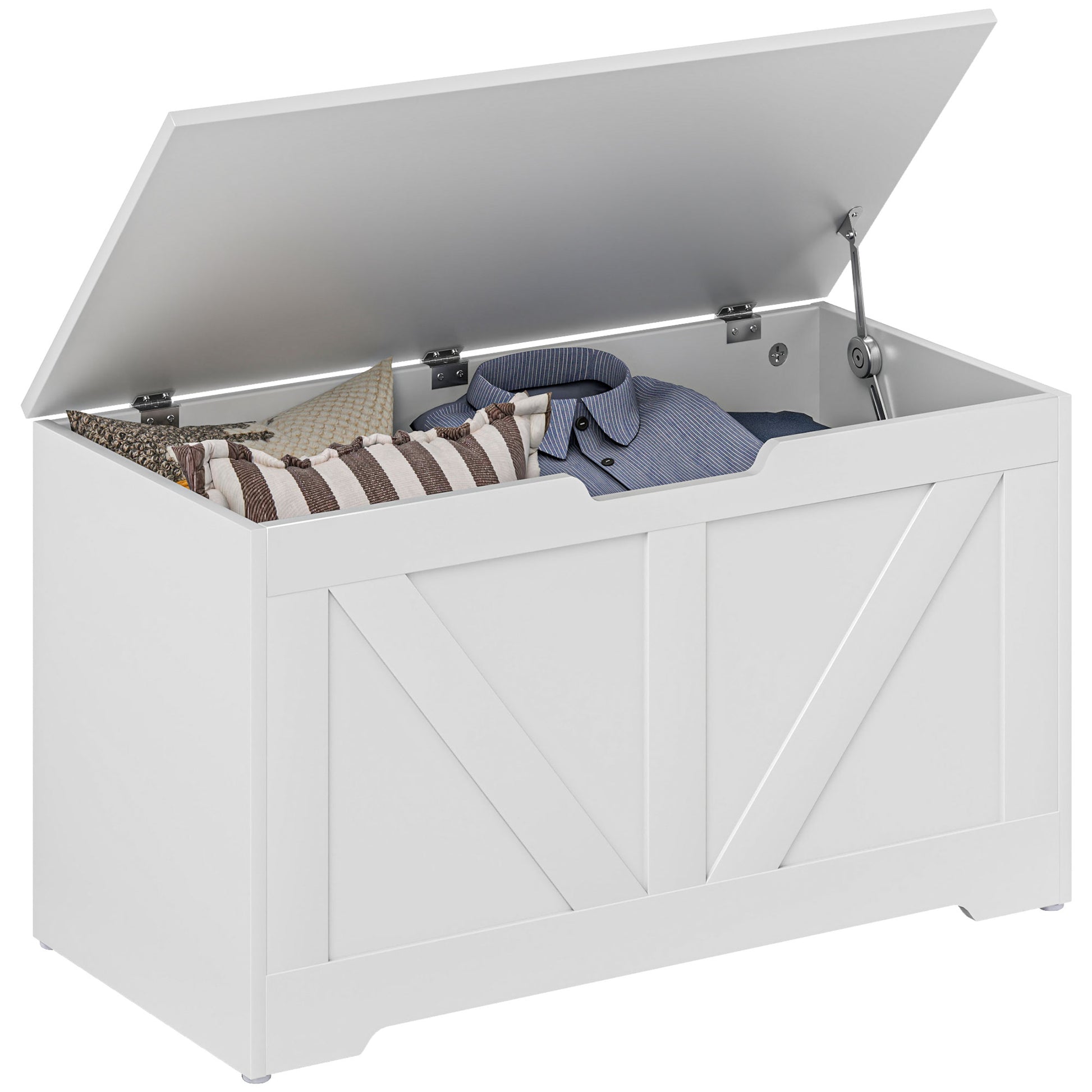 HOMCOM 100L Home Storage Box, with Safety Hinge - White Wood-Effect