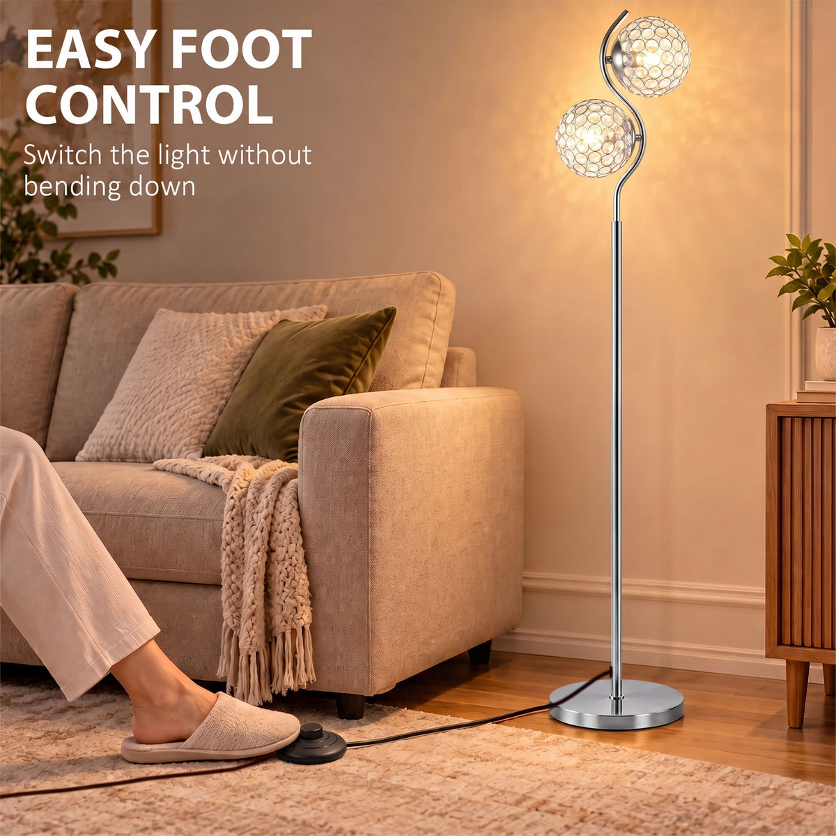 HOMCOM Floor Lamp with Crystal Globe Shades, Modern Dual Head Standing Lamp with Foot Switch and Weighted Base, Silver