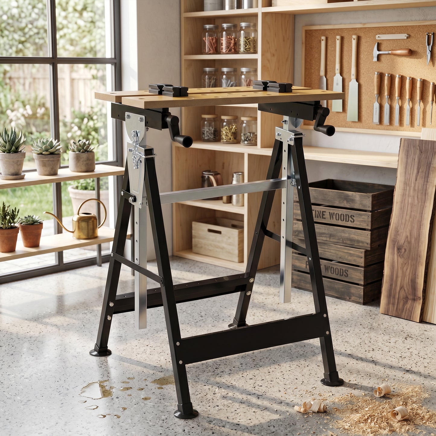 HOMCOM Portable Folding Workbench with Adjustable Height & Angle, Work Bench with 4 Adjustable Clamping Pegs, Beige