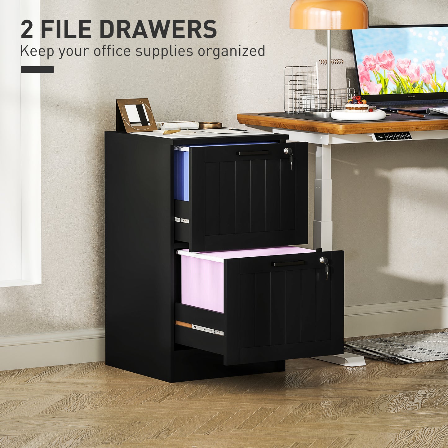 HOMCOM 2 Drawer Filing Cabinet with Lock, Office Storage Cabinet with Adjustable Hanging Bars for A4 Letter Size Files, Black
