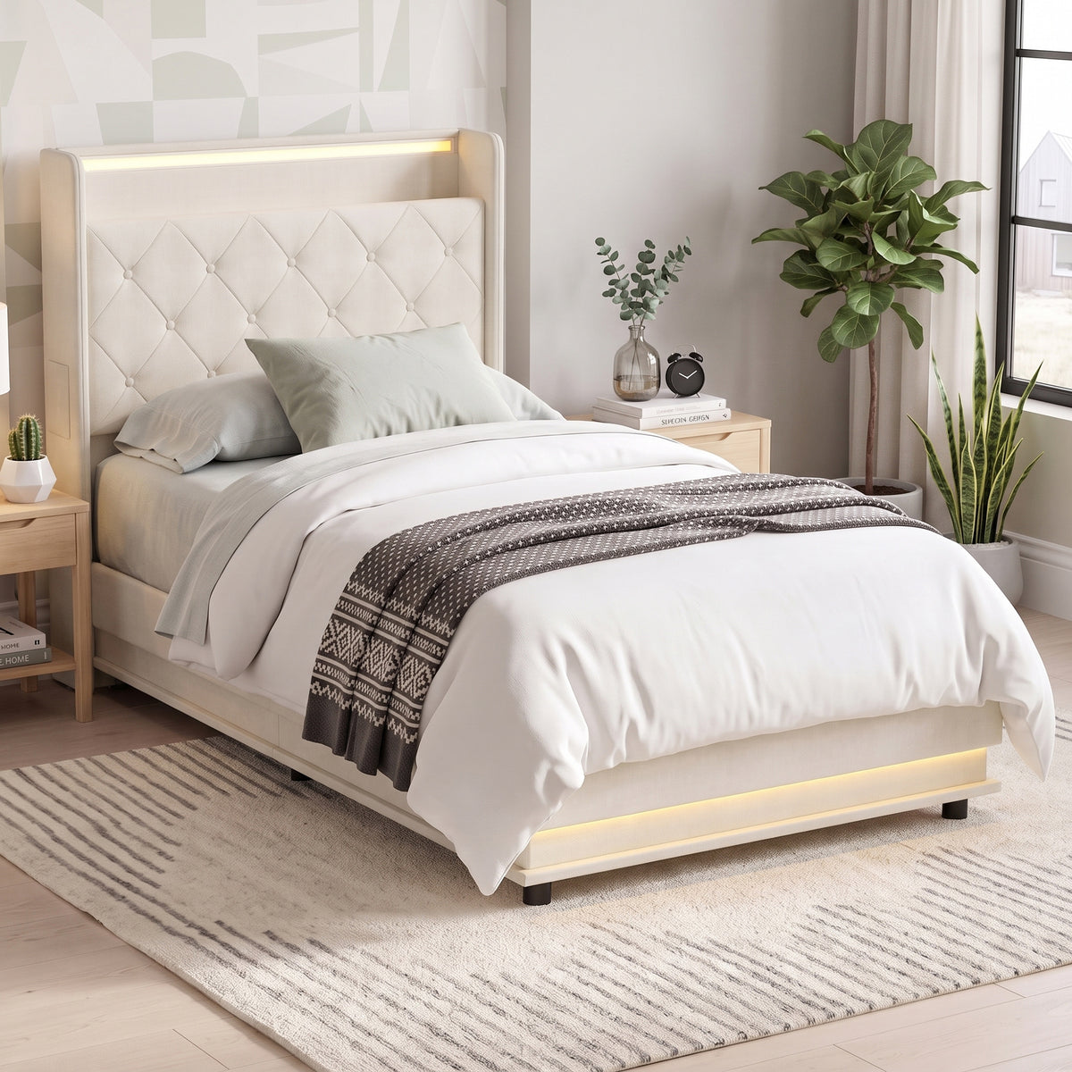 HOMCOM 3ft Single Bed Frame with Headboard, Platform Bed Frame with Hydraulic Storage, LED Lights and Charging Station, White