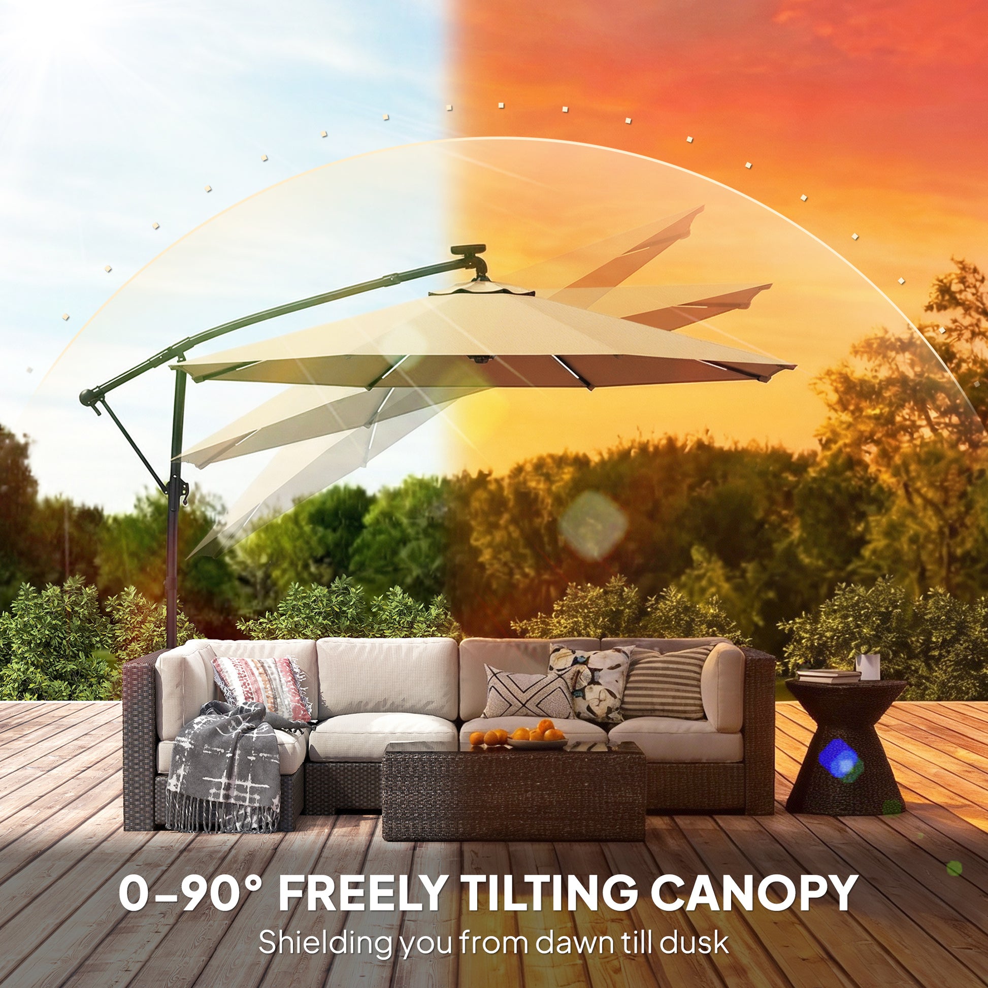 Outsunny 3 m Garden Cantilever Parasol with LED Solar Light, Round Overhanging Umbrella with 360Â° Rotation, Cover, Khaki