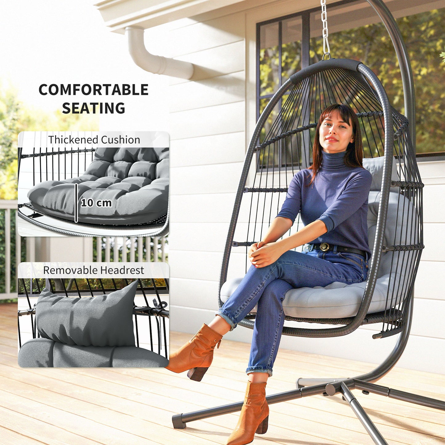 Outsunny Rattan Hanging Egg Chair with Stand, Foldable Wicker Swing Egg Chair with Cushion, Head Pillow, Steel Frame, Hammock Chair for Indoor Outdoor, Capacity 150 kg, Dark Grey