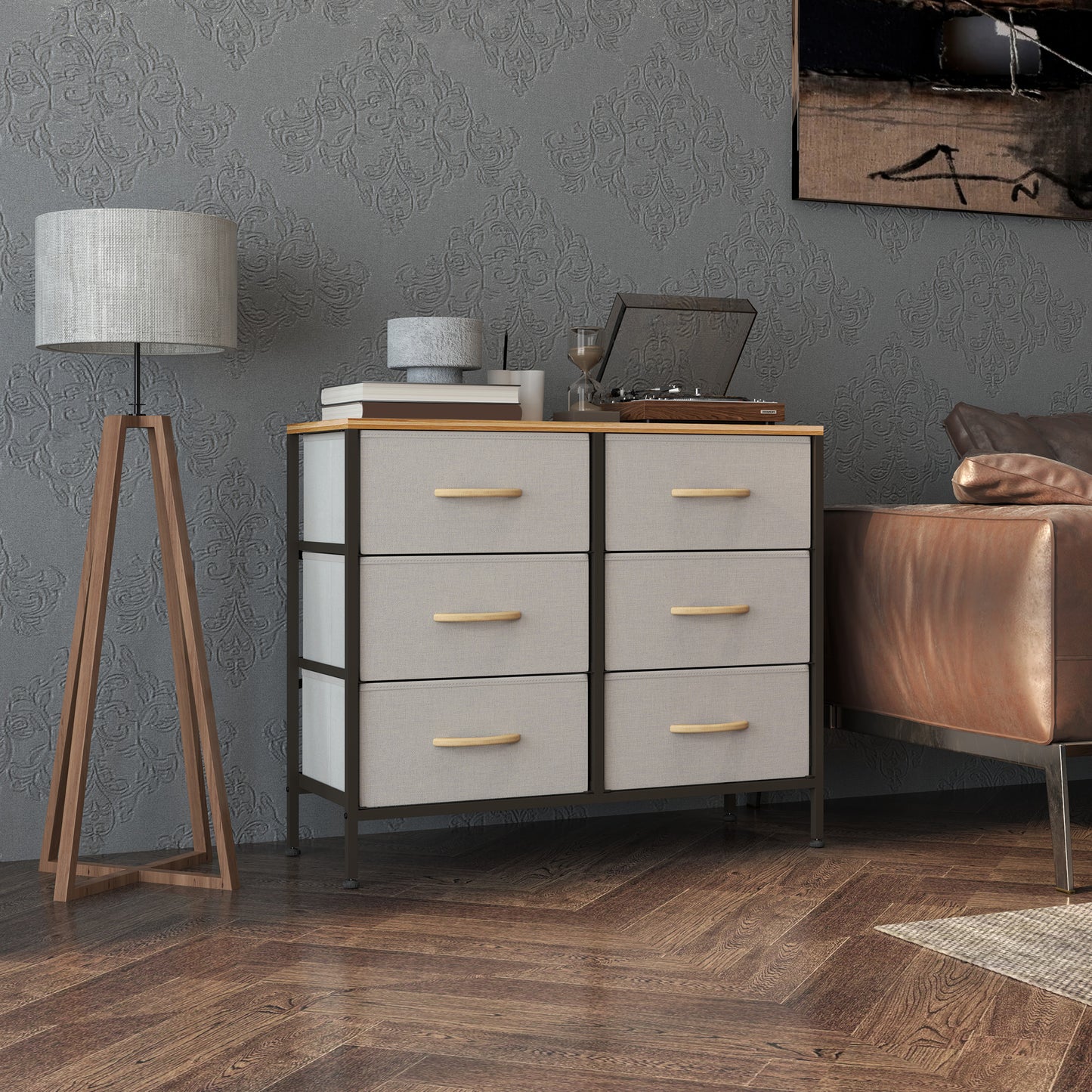 HOMCOM Fabric Chest of Drawers, Industrial Bedroom Dresser with 6 Fabric Drawers, Steel Frame and Wooden Top for Nursery, Living Room, Hallway, Cream White