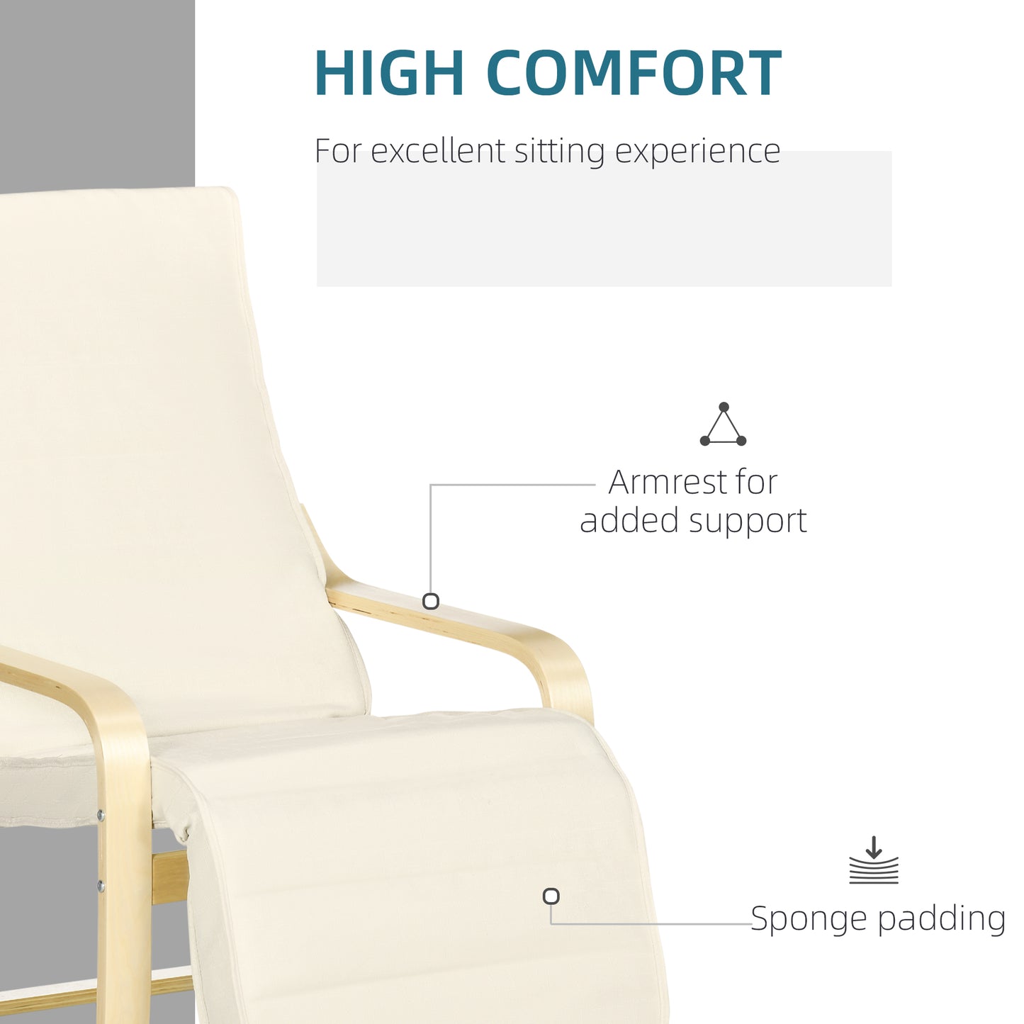 HOMCOM Wooden Armchair, Upholstered Linen Lounge Chair with Adjustable Footrest & Removable Cushion, Poang Chair for Living Room, Cream White