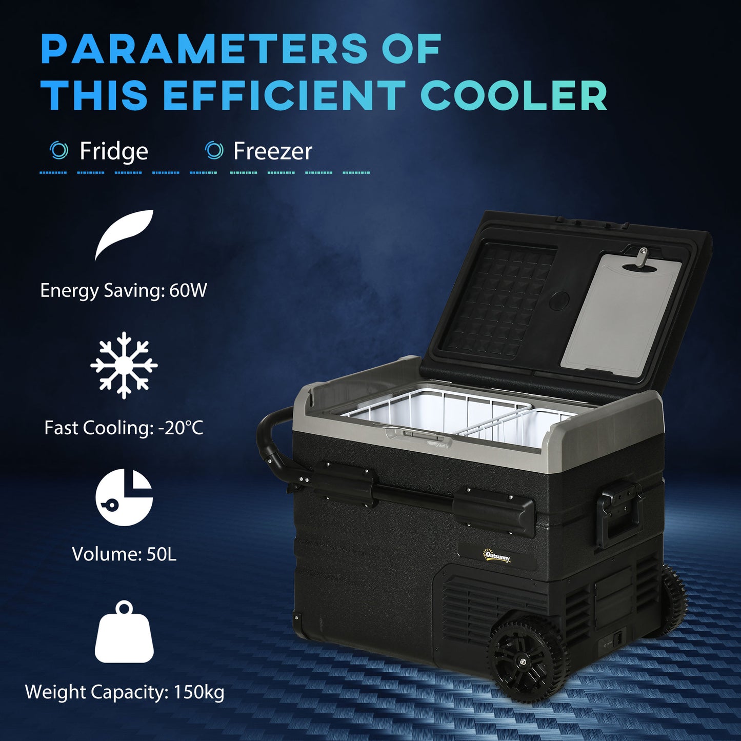Outsunny 50L Car Refrigerator, Portable Compressor Cooler Box, Fridge Freezer w/ Inner LED Light, Foldable Handles, Cup Holders, 12/24V DC and 110-240V AC for Campervan RV Boat Travel Down to -20â„ƒ