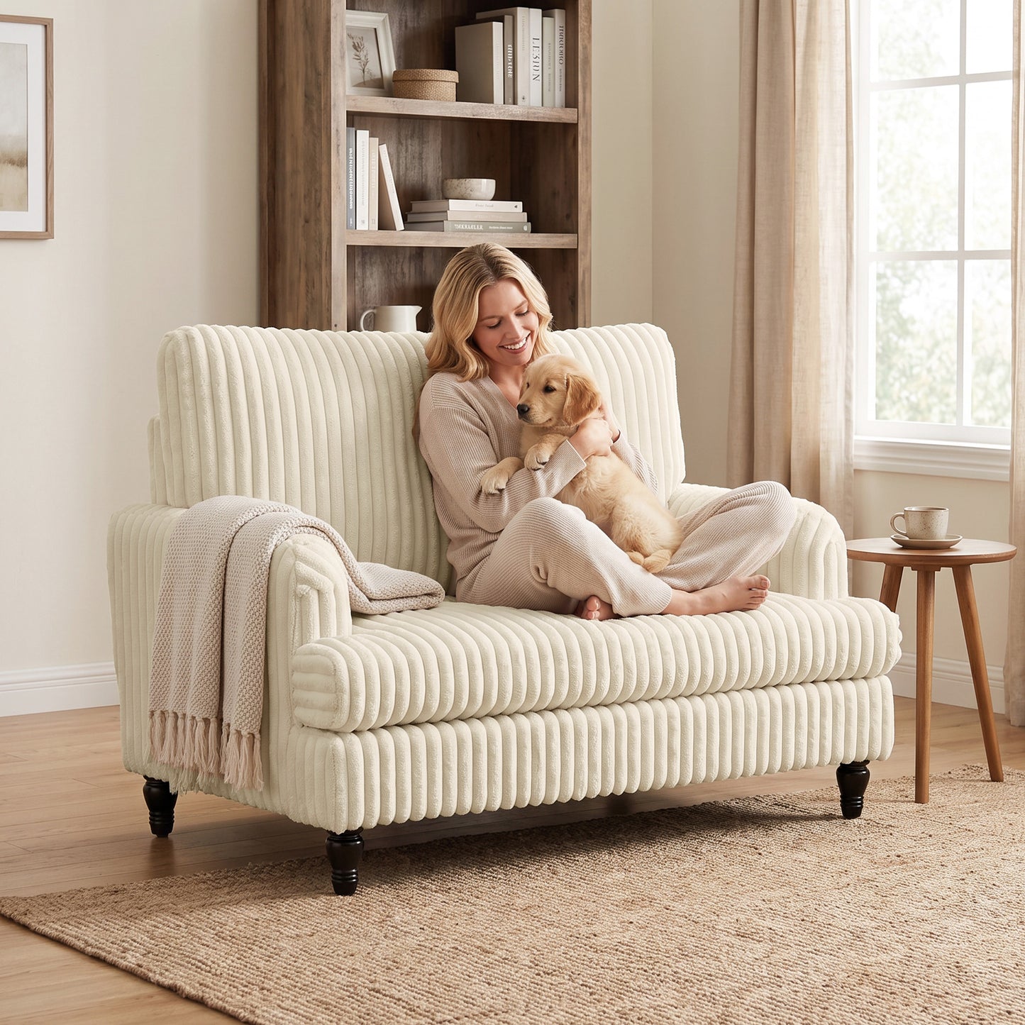 HOMCOM Corduroy Single Sofa Armchair, Modern Accent Chair with Stripes, Turned Legs and Wide Seat, Cream