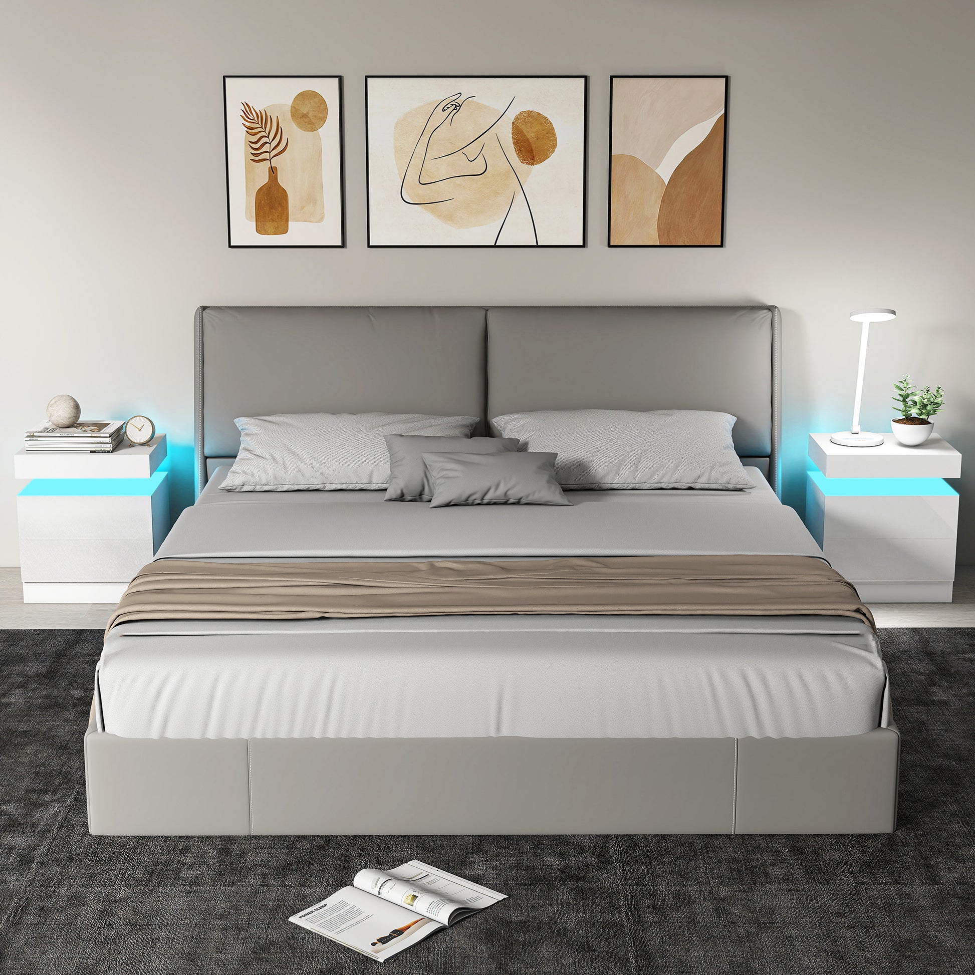 HOMCOM White Bedside Table with LED Light, High Gloss Front Nightstand with 2 Drawers, for Living Room, Bedroom, Set of 2