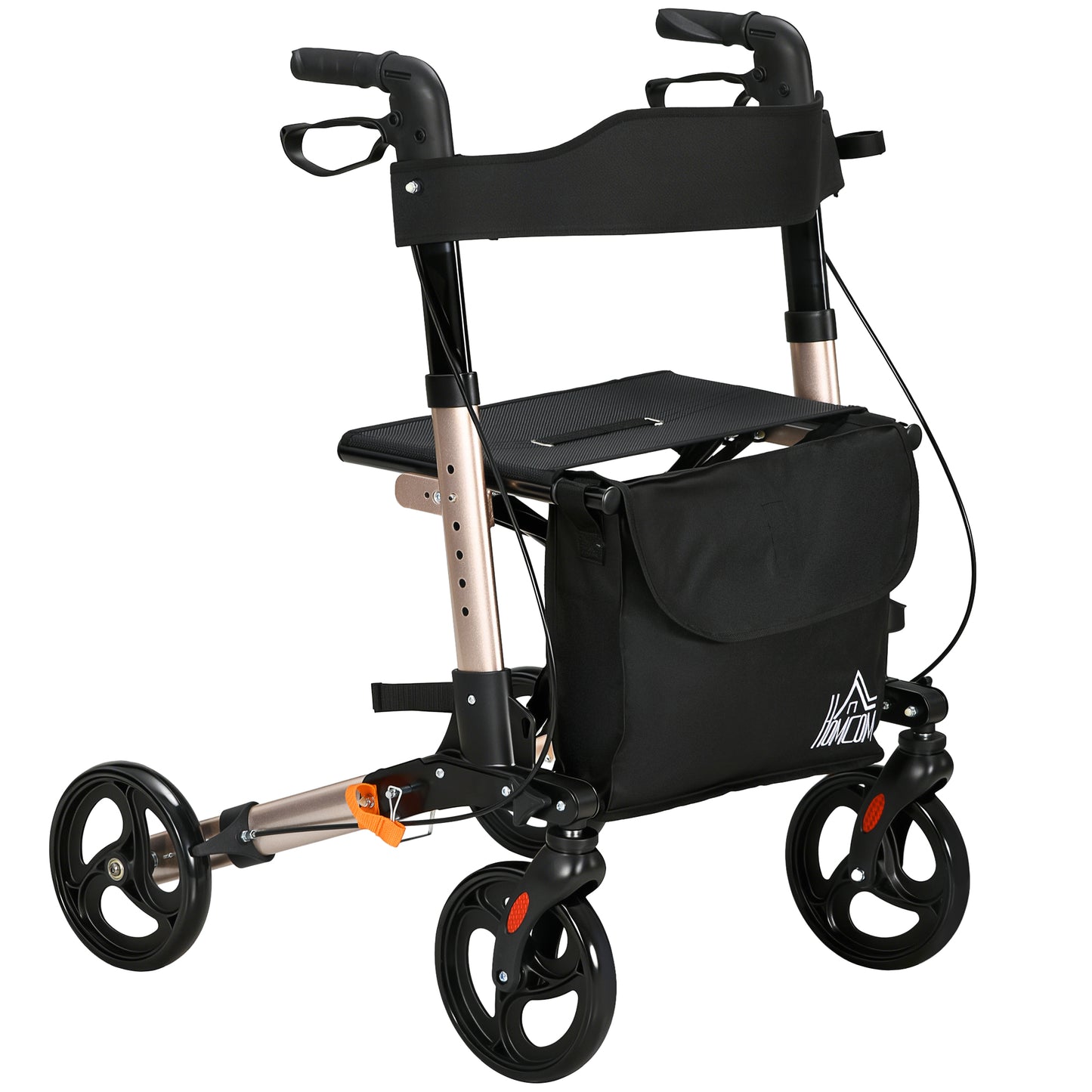 HOMCOM Rollator Walker with Seat, Compact Quick Folding Mobility Walker with 8" Wheels, Carry Bag, Adjustable Height, Cane Holder and Lightweight Aluminium Frame for Seniors and Disabled, Gold Tone