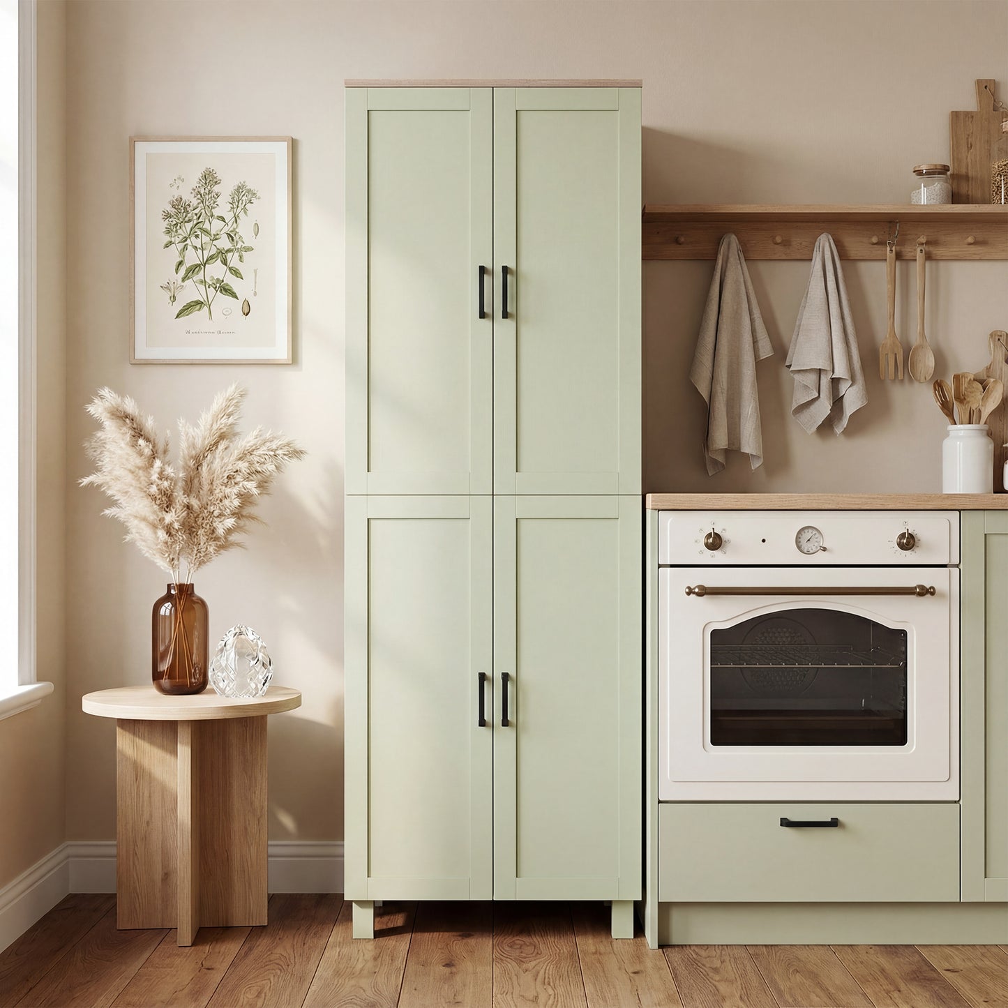 HOMCOM Freestanding Kitchen Cupboard, 4-Door Storage Cabinet with Adjustable Shelves, Modern Kitchen Pantry, 170cm, Green