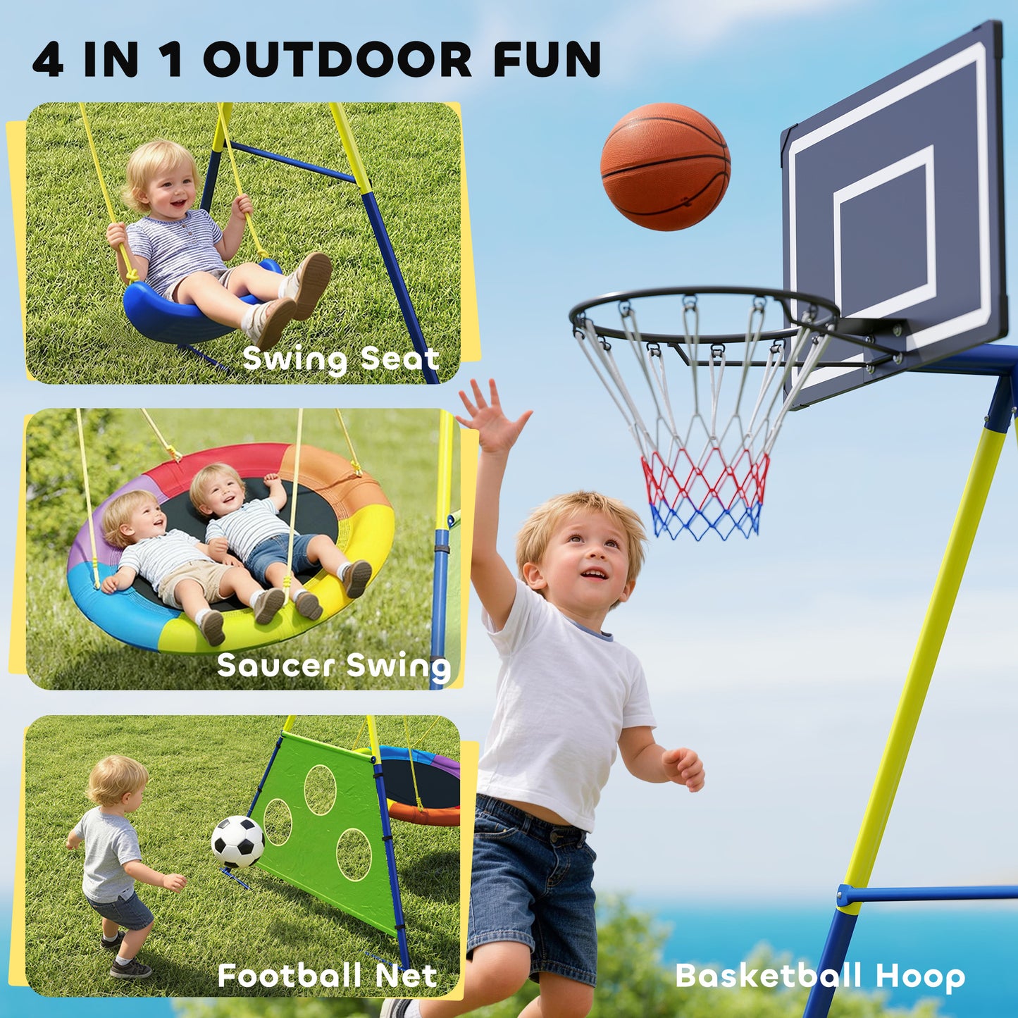 AIYAPLAY 4-in-1 Kids Swing Set with Saucer Swing, Basketball Hoop and Football Goal, Outdoor Playground Playset for Garden