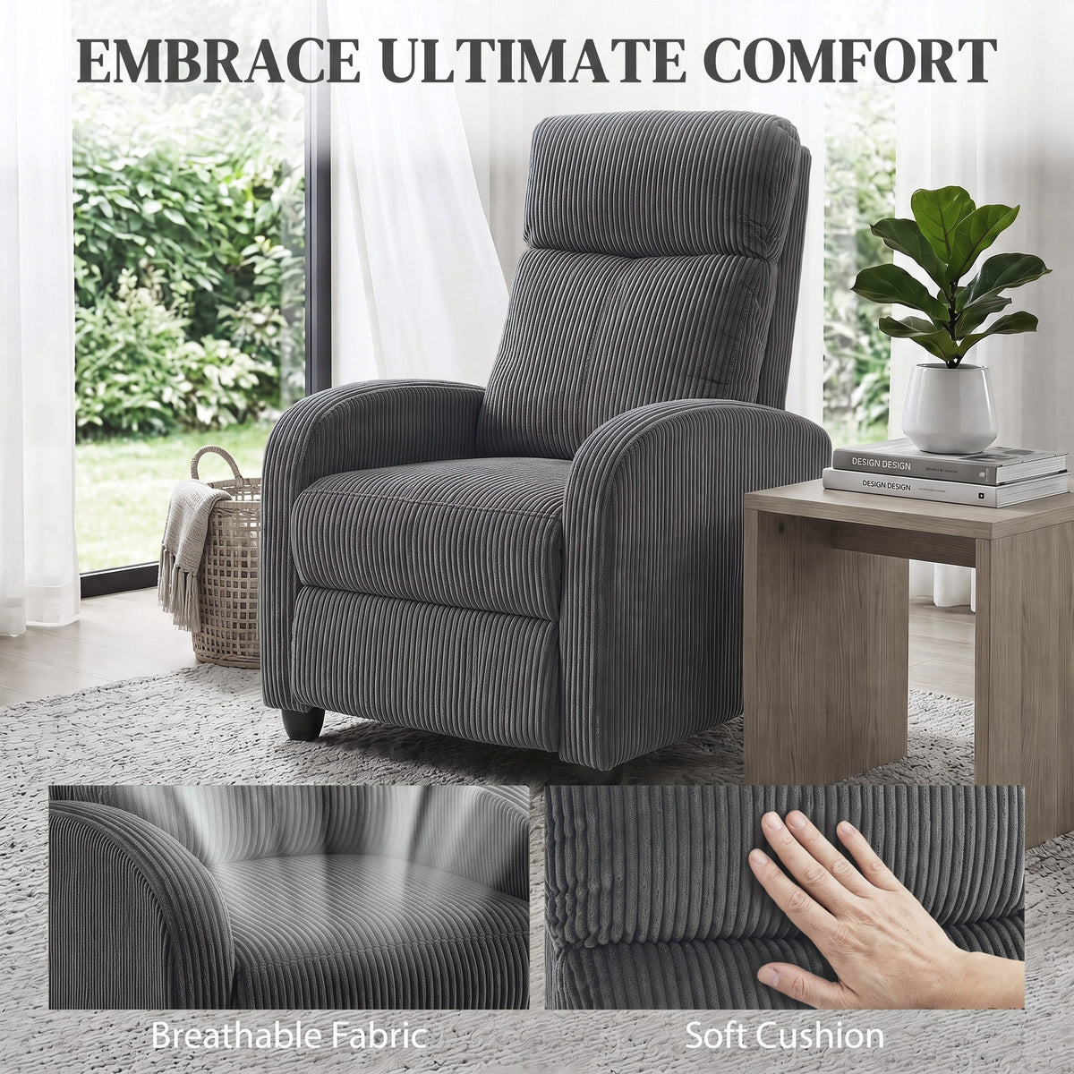 HOMCOM Recliner Armchair, Corduroy Push Back Reclining Chair with Thick Padding, Dark Grey