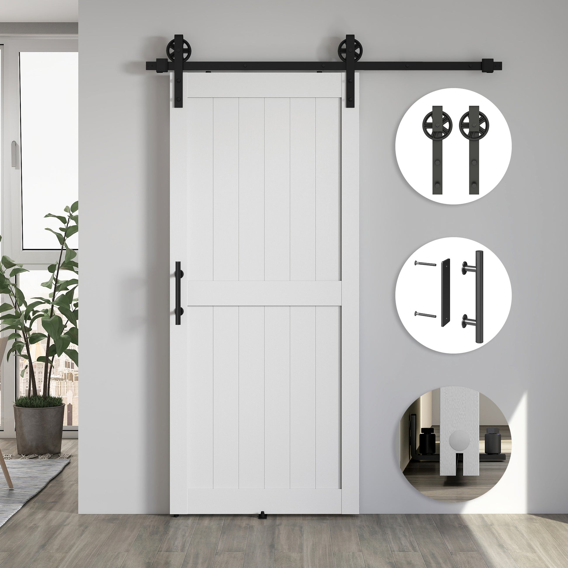 HOMCOM 183cm Sliding Barn Door Kit, Sliding Door with Track, Hardware, Upgraded Rollers and Floor Guide, Handle, White