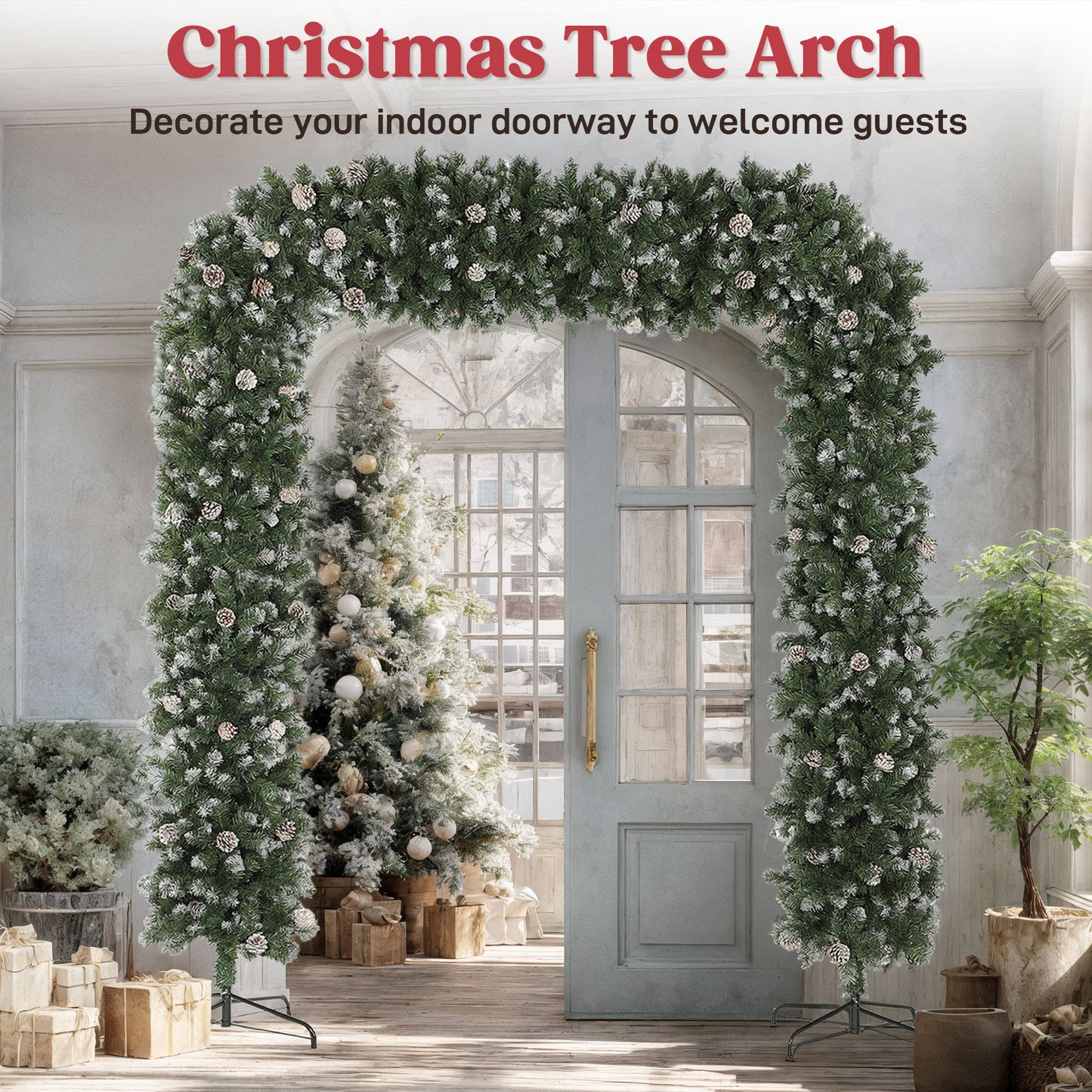 HOMCOM 8.2 ft Snow Frosted Christmas Tree Arch, Christmas Arch Doorway Decor with 2100 Tips and 96 Pinecones, Artificial Xmas Tree with Metal Stand for Indoor, Green