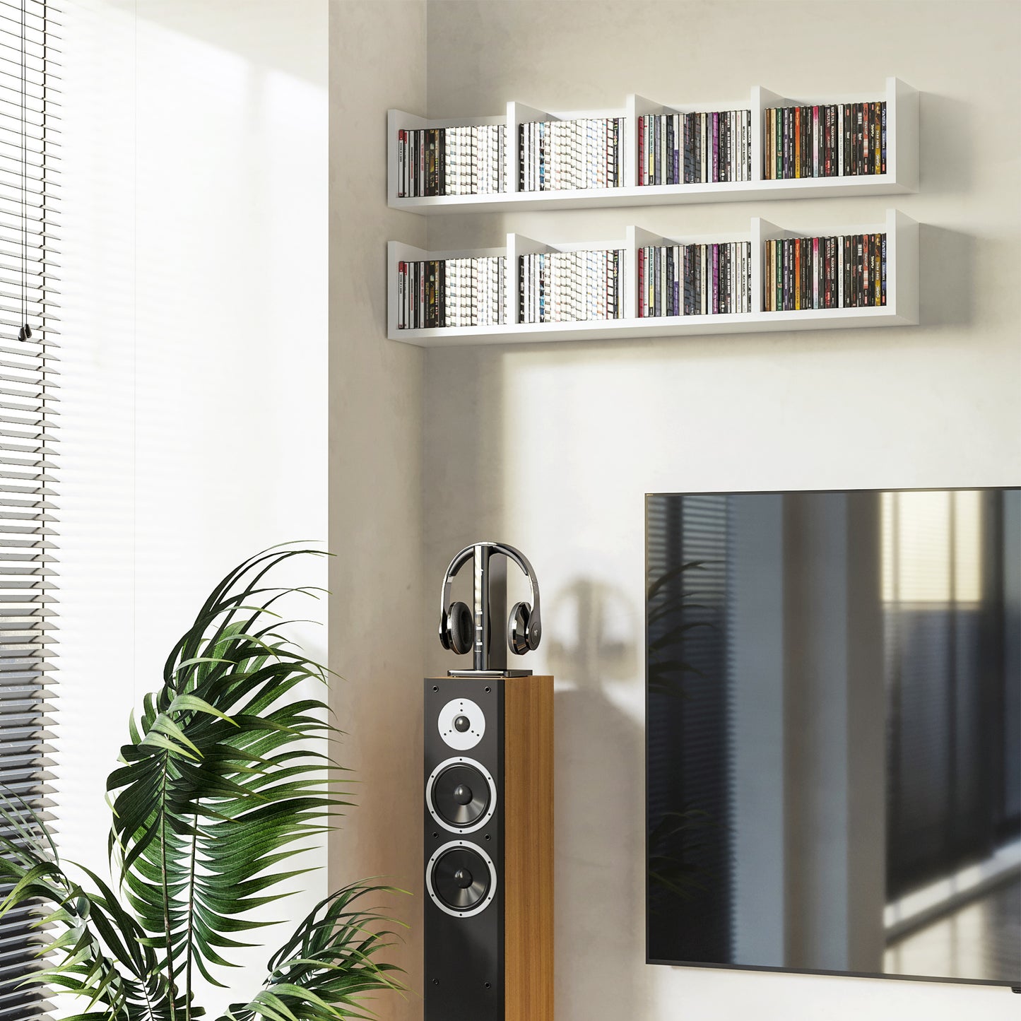 HOMCOM Wall Mount 84 CD / 56 DVD/Blu-ray/ Media Storage Rack 4 Cubes, Wooden Shelf Organiser Unit Bookcase Display, Set of 2, White