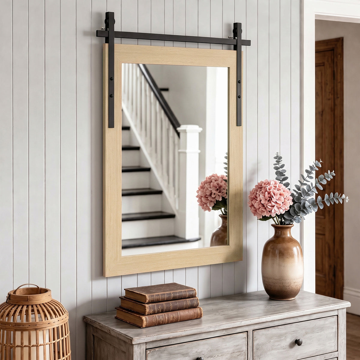 HOMCOM 86.5 x 61 cm Rectangle Mirror, Farmhouse Wall Mirror for Living Room, Bedroom, Hallway, White Oak