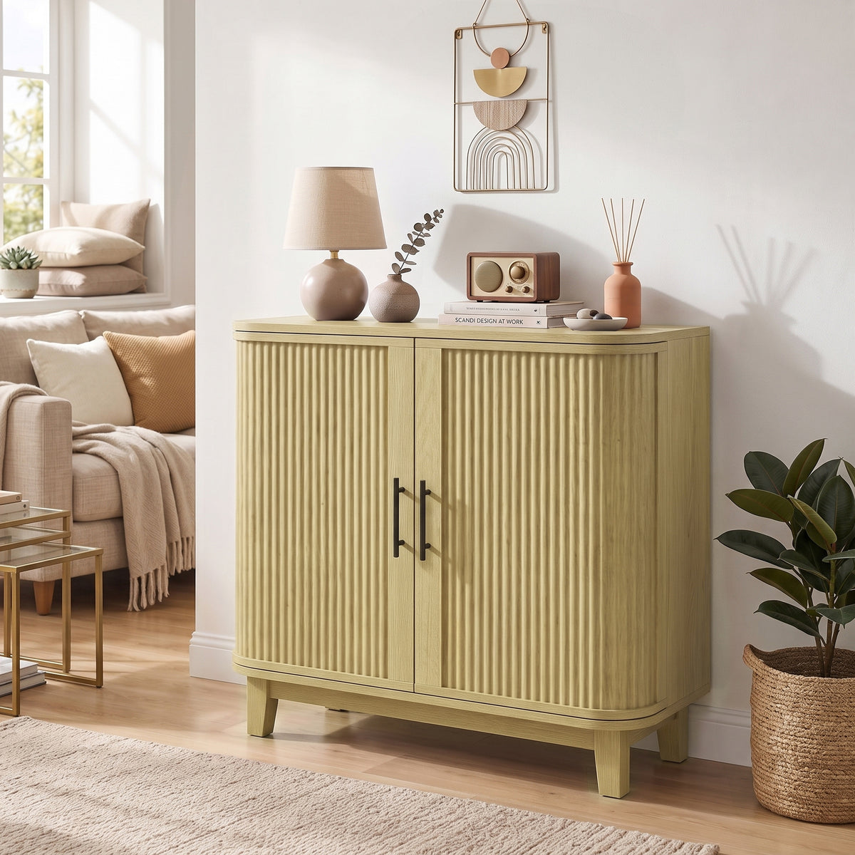 HOMCOM 80cm Sideboard Buffet Cabinet, Storage Cabinet with 2 Curved Doors, Adjustable Shelf and Legs for Dining Room, Oak