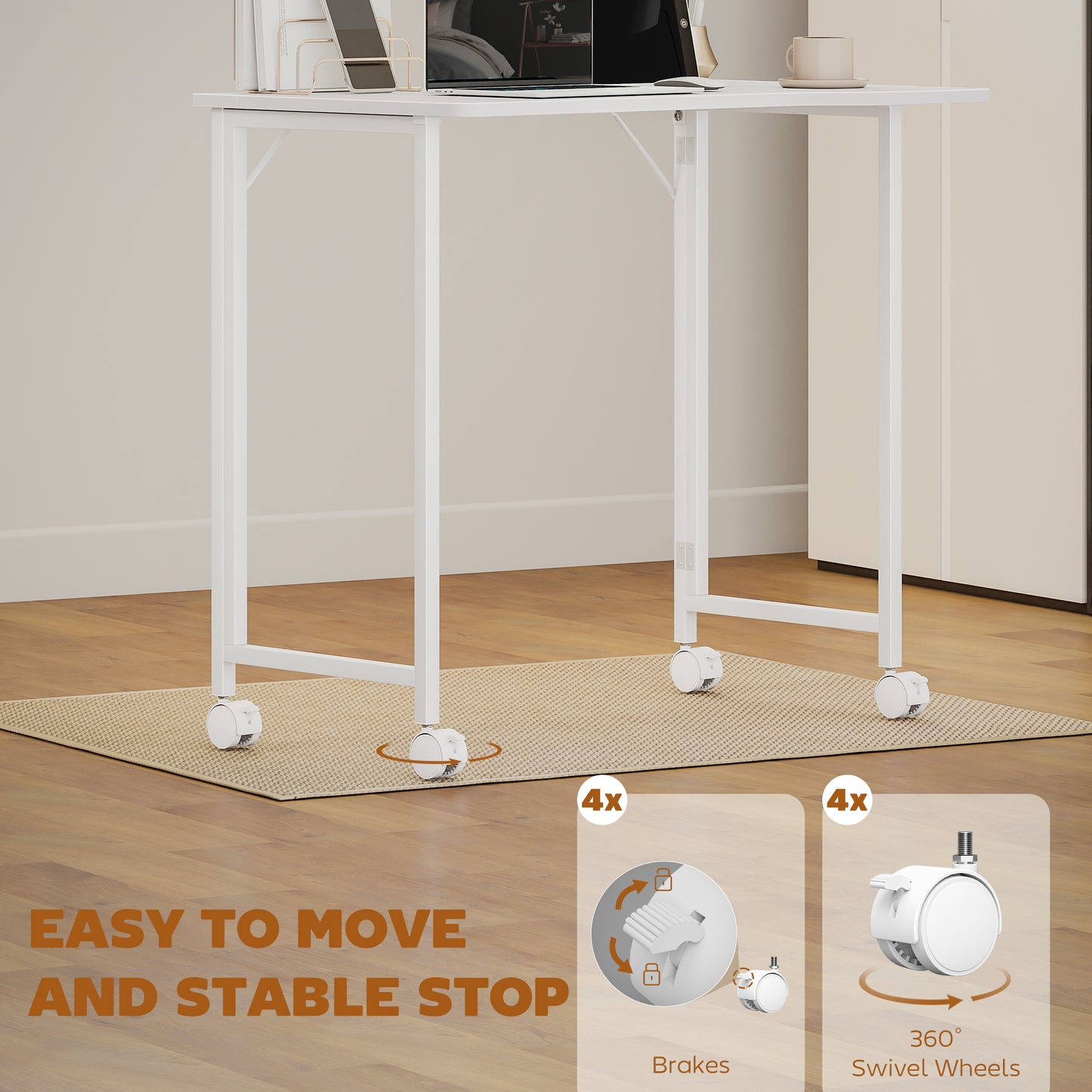 HOMCOM Small Folding Desk, with Wheels - White Wood-Effect