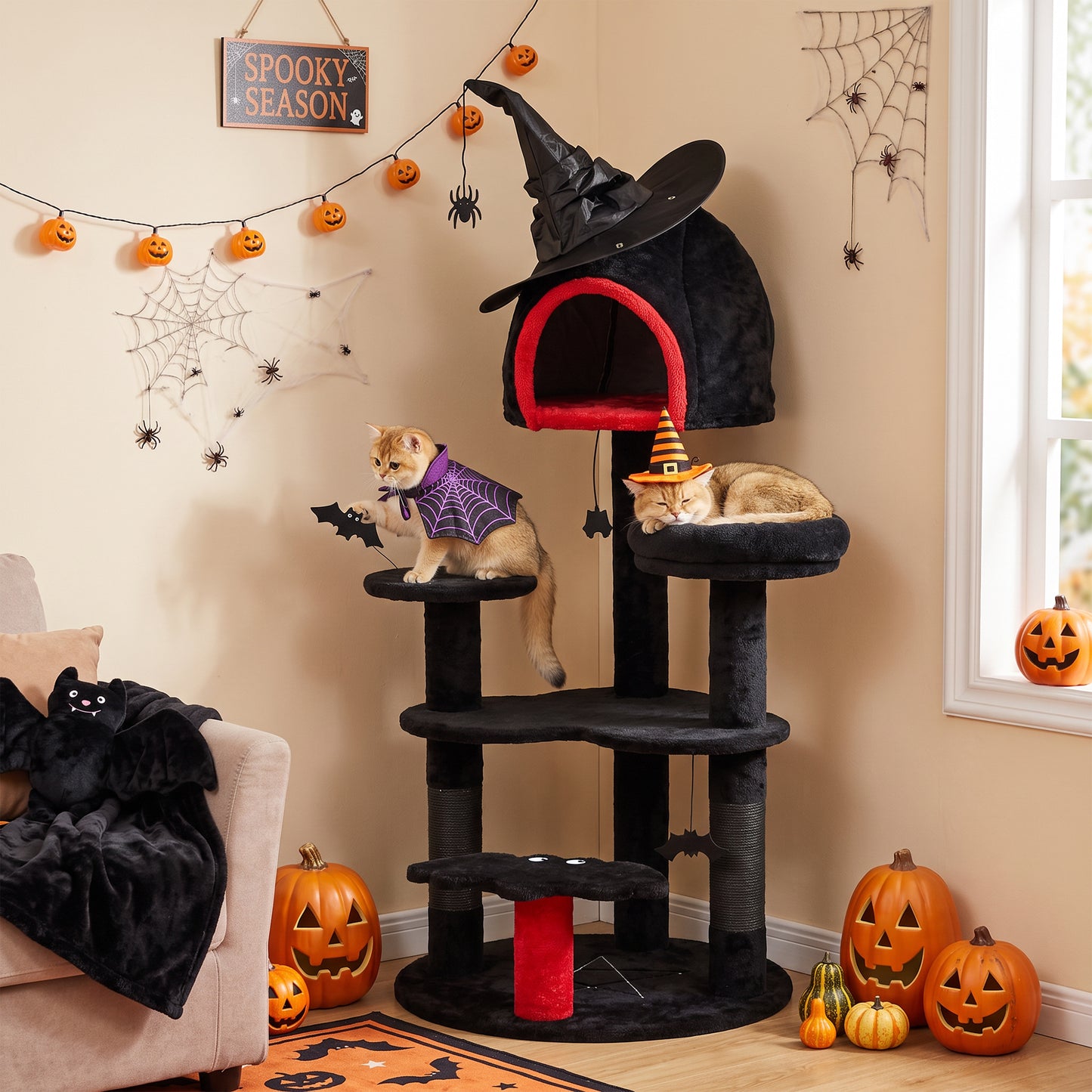 PawHut Gothic Cat Tree, 155cm Cat Tower for Indoor Kittens, Multi-Level Stable Kitten Activity Centre, Black, Halloween