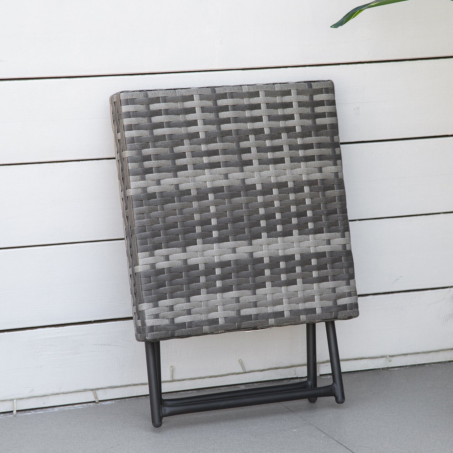 Outsunny Square PE Wicker Rattan Folding Table,Weather Resistant Wicker Weave Side Table with Steel Frame, Grey
