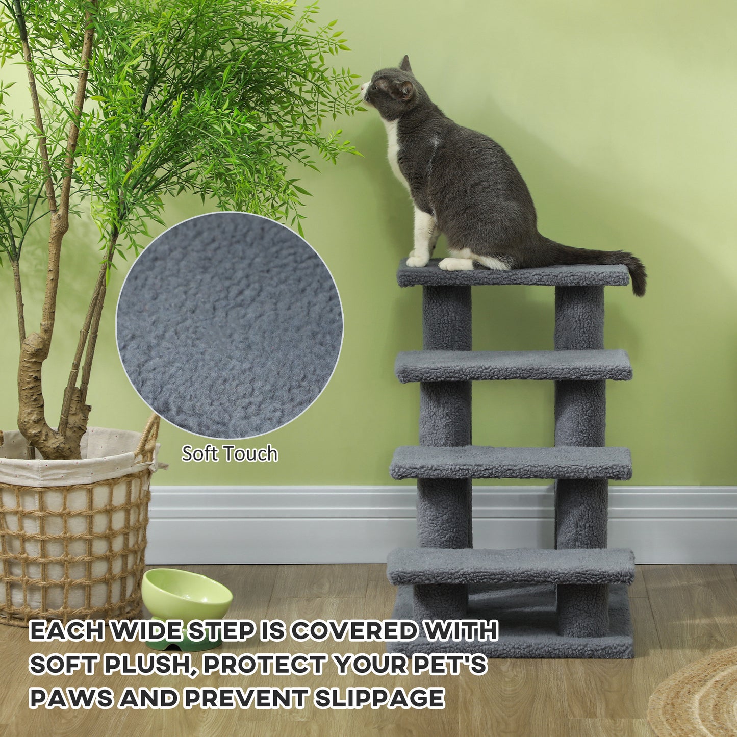 PawHut Dog Steps for Bed 4 Step Pet Stairs for Sofa Dog Cat Climb Ladder 63x43x60 cm Grey