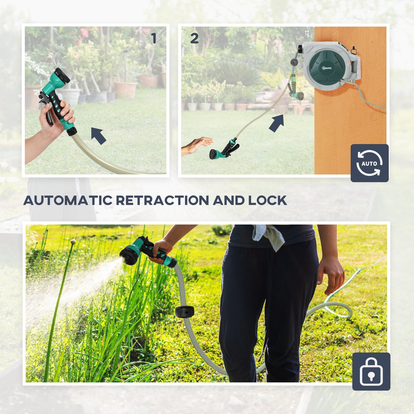 Outsunny Retractable Hose Reel Wall Mounted, 20+2m Garden Hose Pipe Reel with Lock, Auto Rewind, 7 in 1 Spray Nozzle, Includes Wall Fixings, 180Â° Swivel, Outdoor Watering, Light Grey