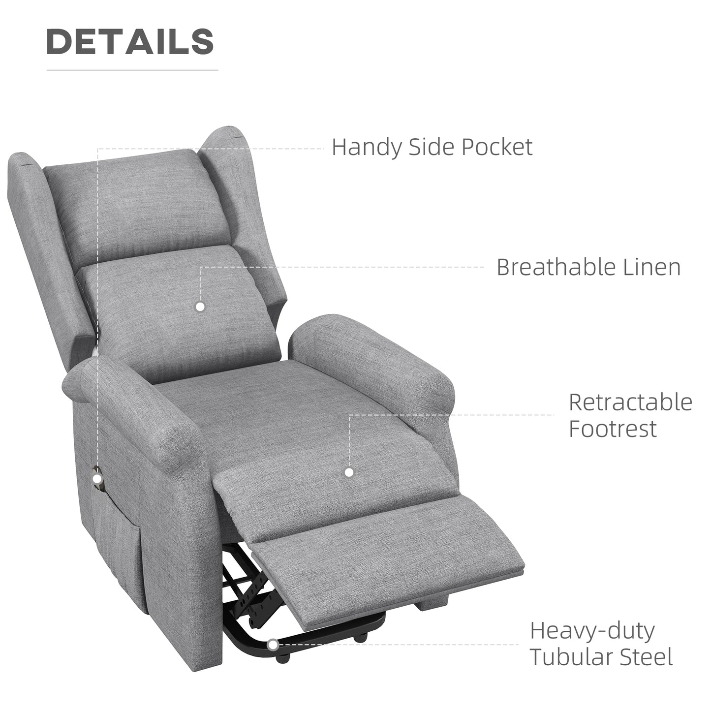 HOMCOM Power Lift Recliner Armchair, Electric Lift Chair for Elderly, Fabric Riser and Reclining Chair with Wingback, Remote Control, Side Pockets, Footrest, for Living Room, Grey