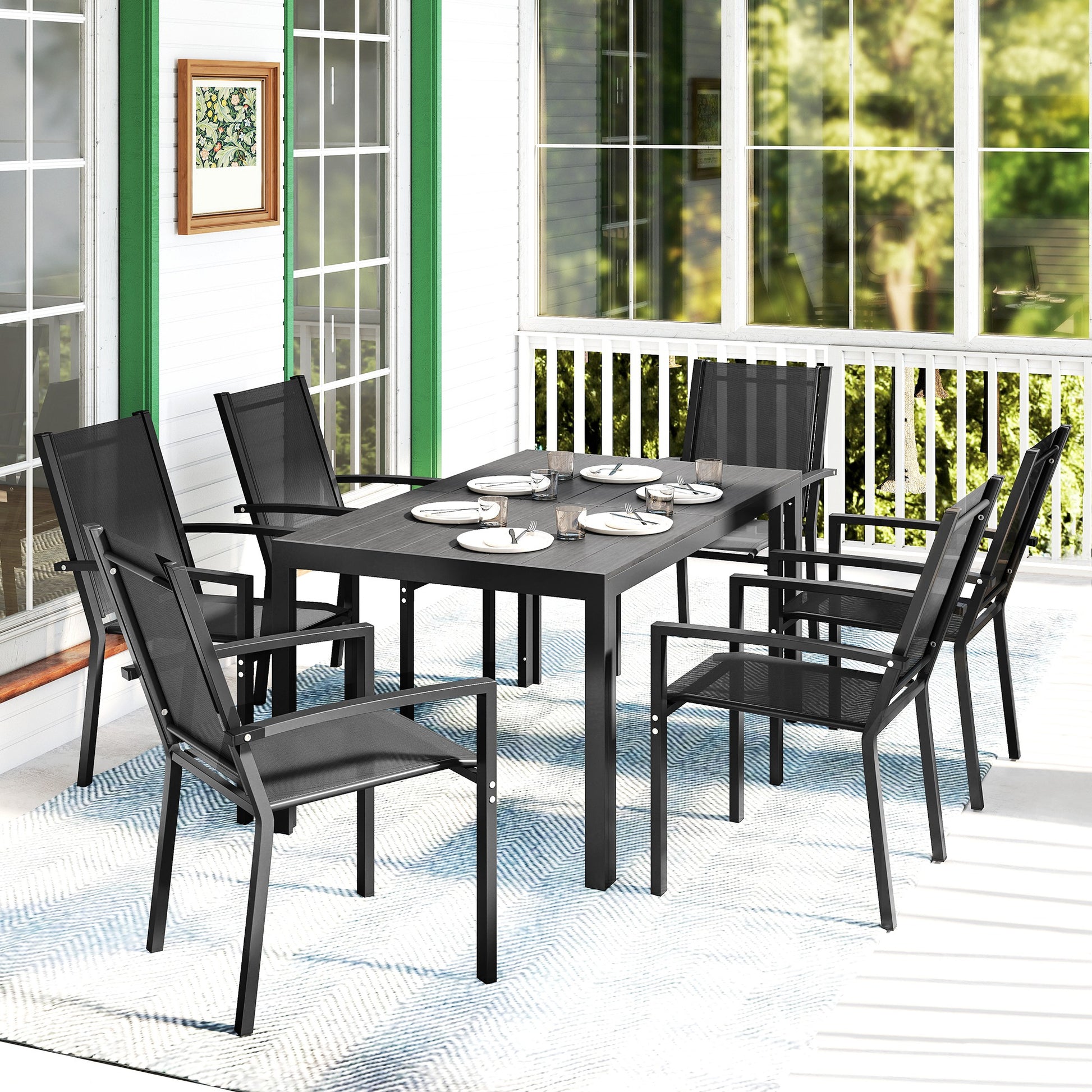 Outsunny Seven-Piece Garden Dining Set, with Plastic Wood-Top Table - Black