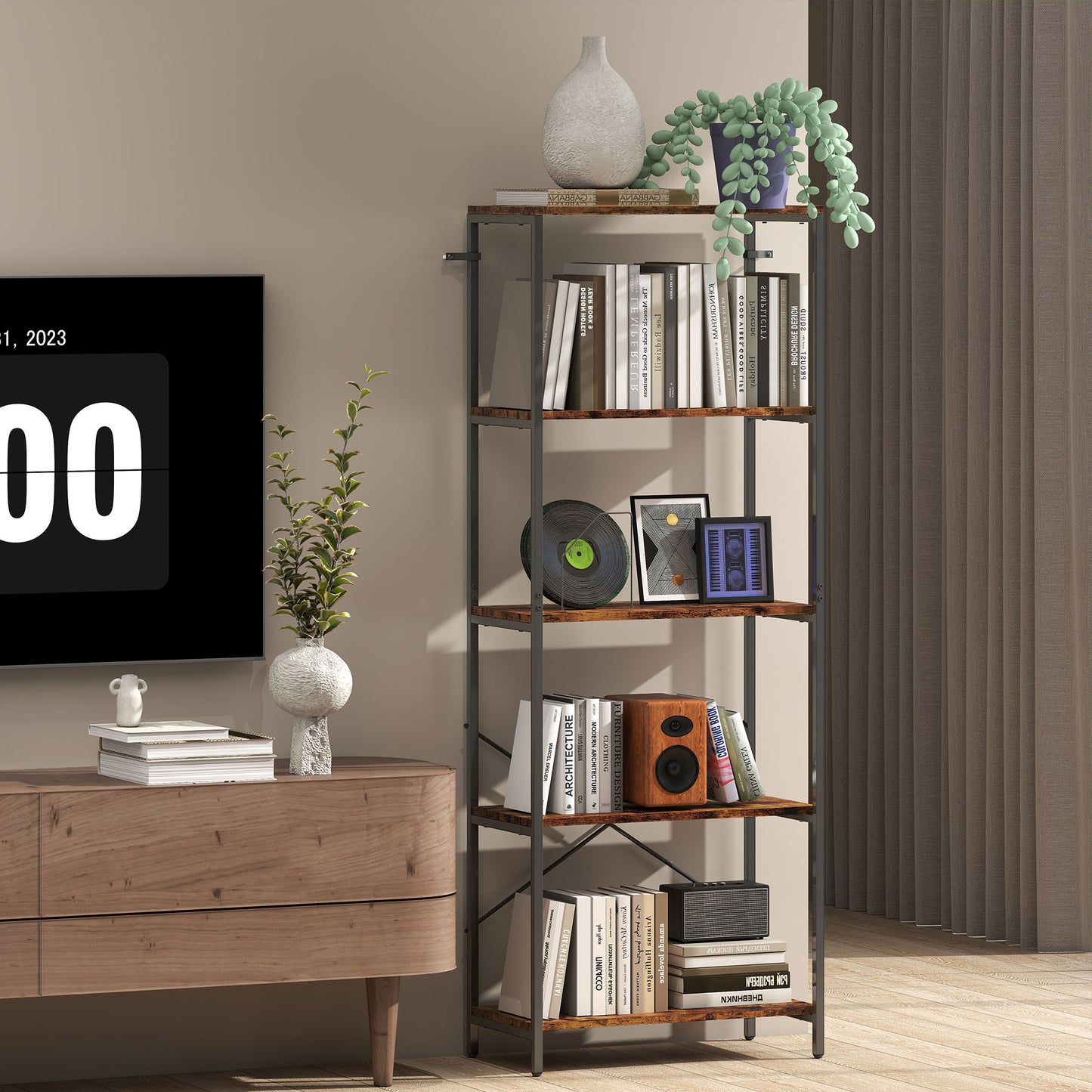 HOMCOM 5-Tier Bookshelf, Industrial Bookcase with Metal Frame - Rustic Brown and Black